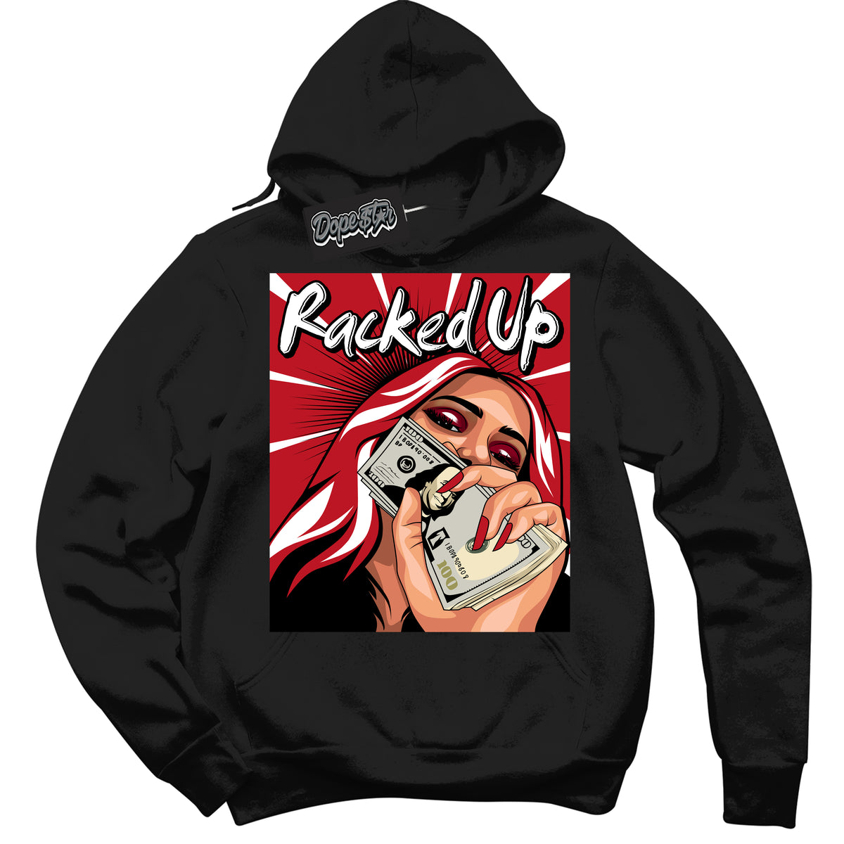 Cool Black Hoodie with “ Racked Up ”  design that Perfectly Matches Trophy Room 1s Jordans.
