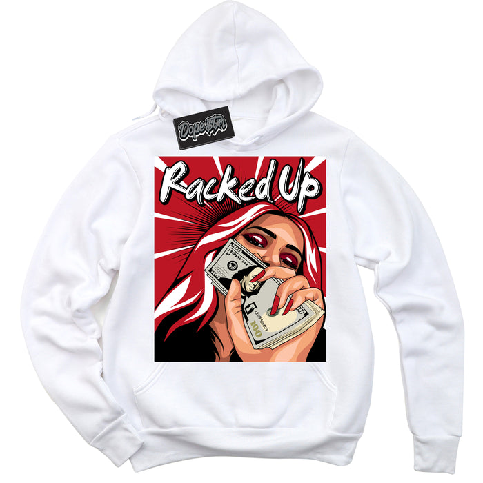 Cool White Hoodie with “ Racked Up ”  design that Perfectly Matches Trophy Room 1s Jordans.
