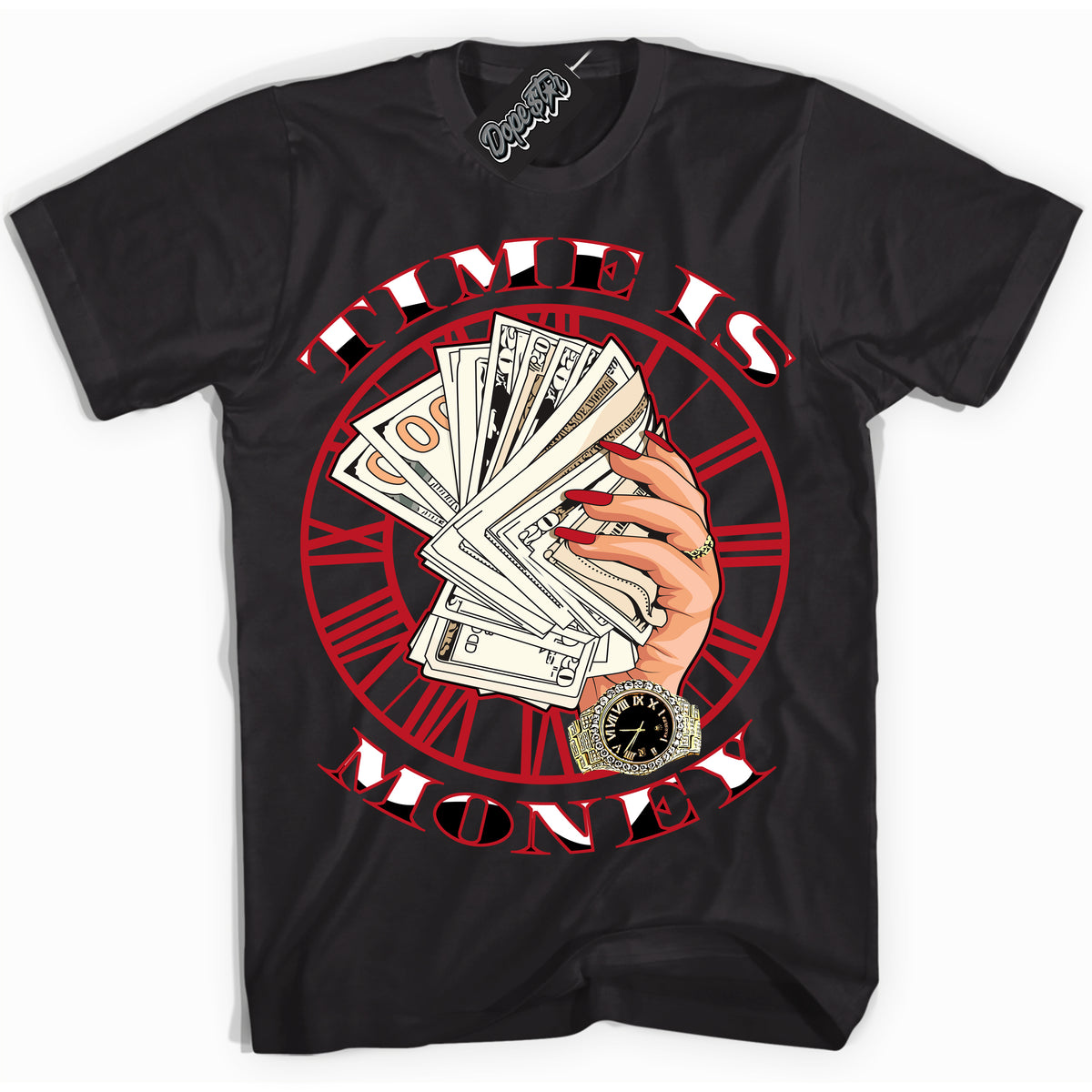 Cool Black Shirt with “ Time Is Money ” design that perfectly matches Trophy Room 1s Jordans.
