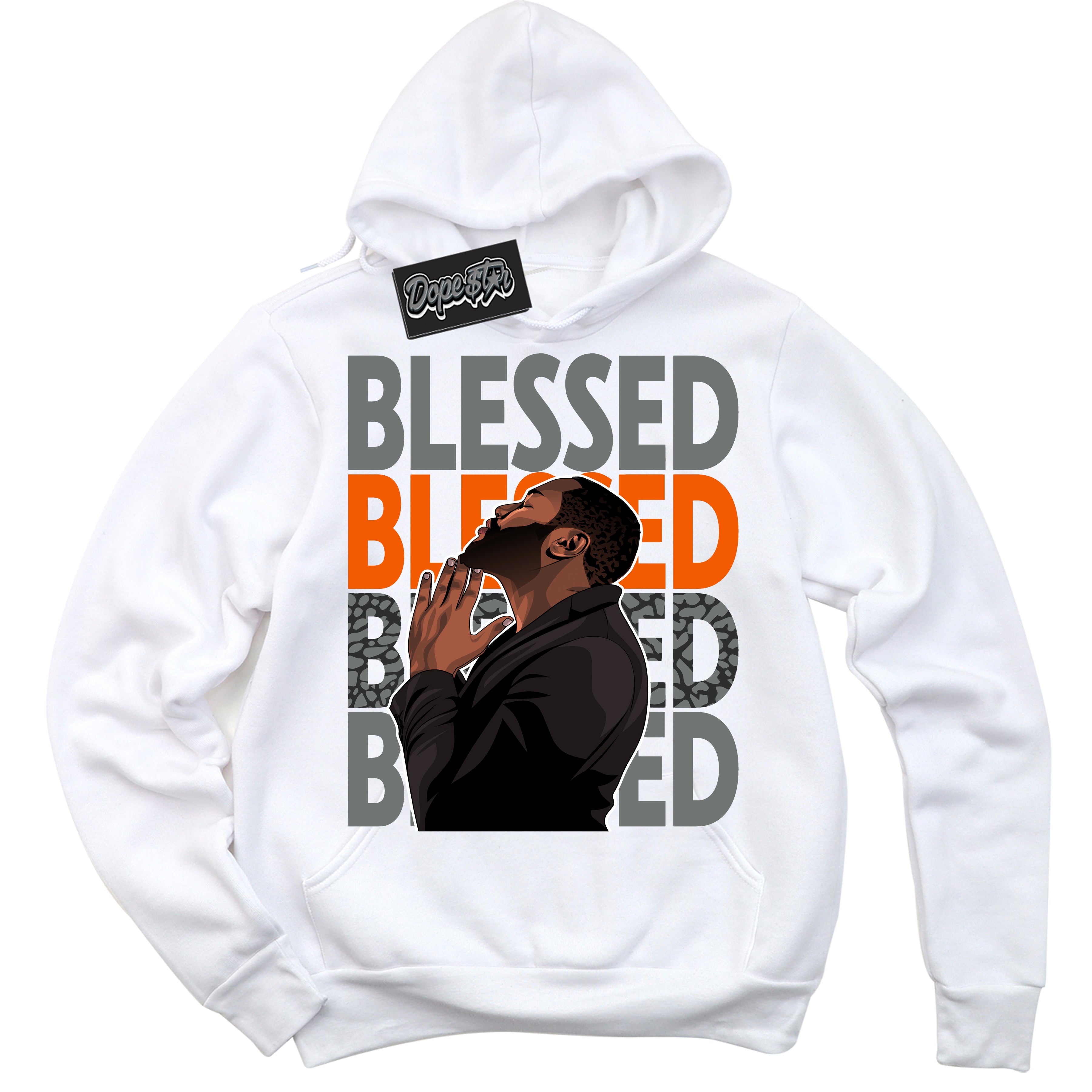 Cool White Graphic DopeStar Hoodie with “  God Blessed “ print, that perfectly matches Fear Pack 3s sneakers