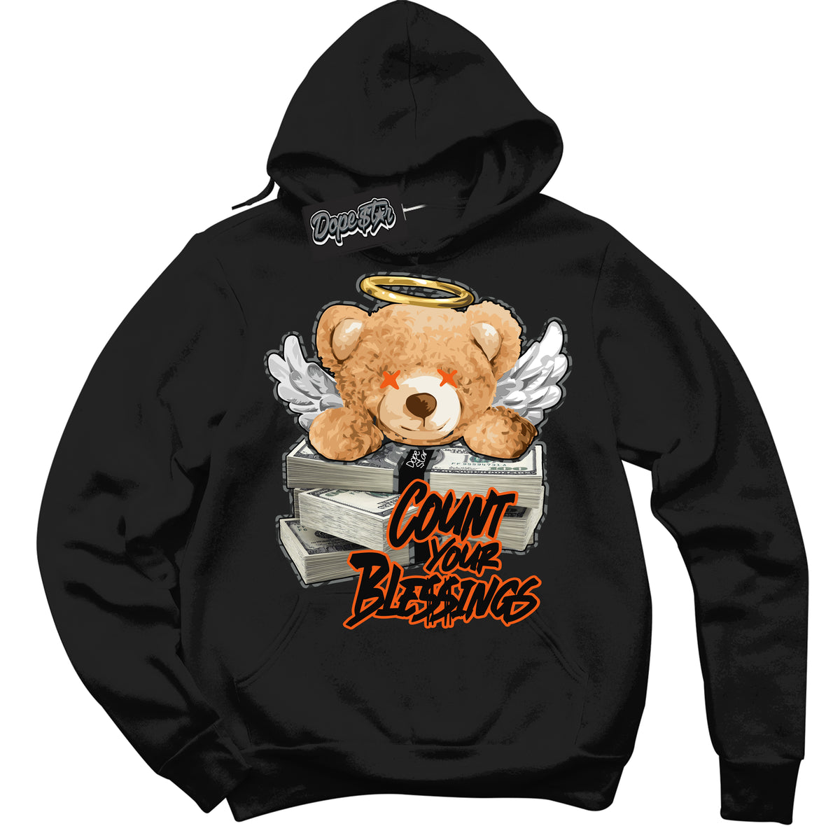 Cool Black Graphic DopeStar Hoodie with “  Glow Count Your Blessings  “ print, that perfectly matches Fear Pack 3s sneakers
