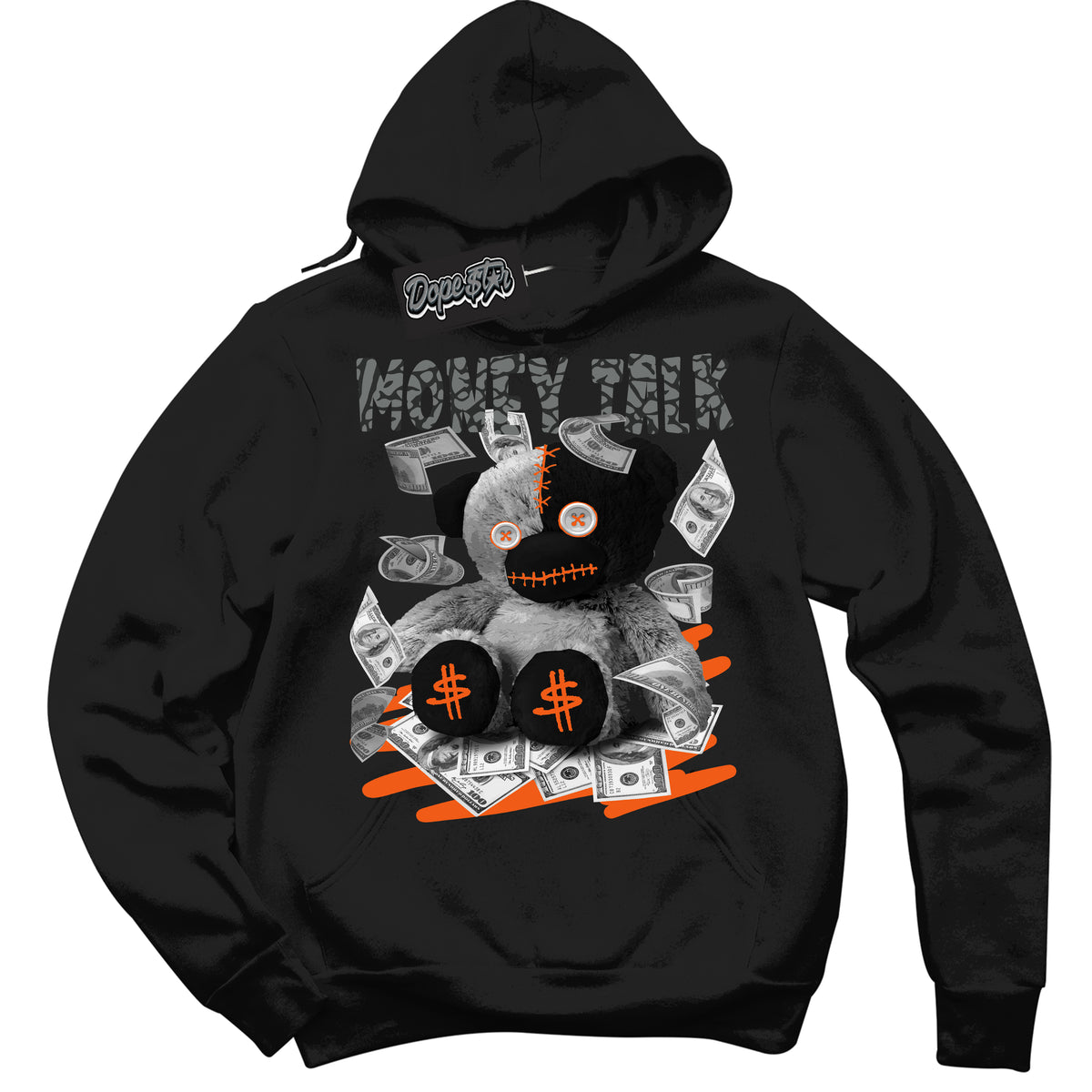 Cool Black Graphic DopeStar Hoodie with “ Glow Money Talk Bear “ print, that perfectly matches Fear Pack 3s sneakers