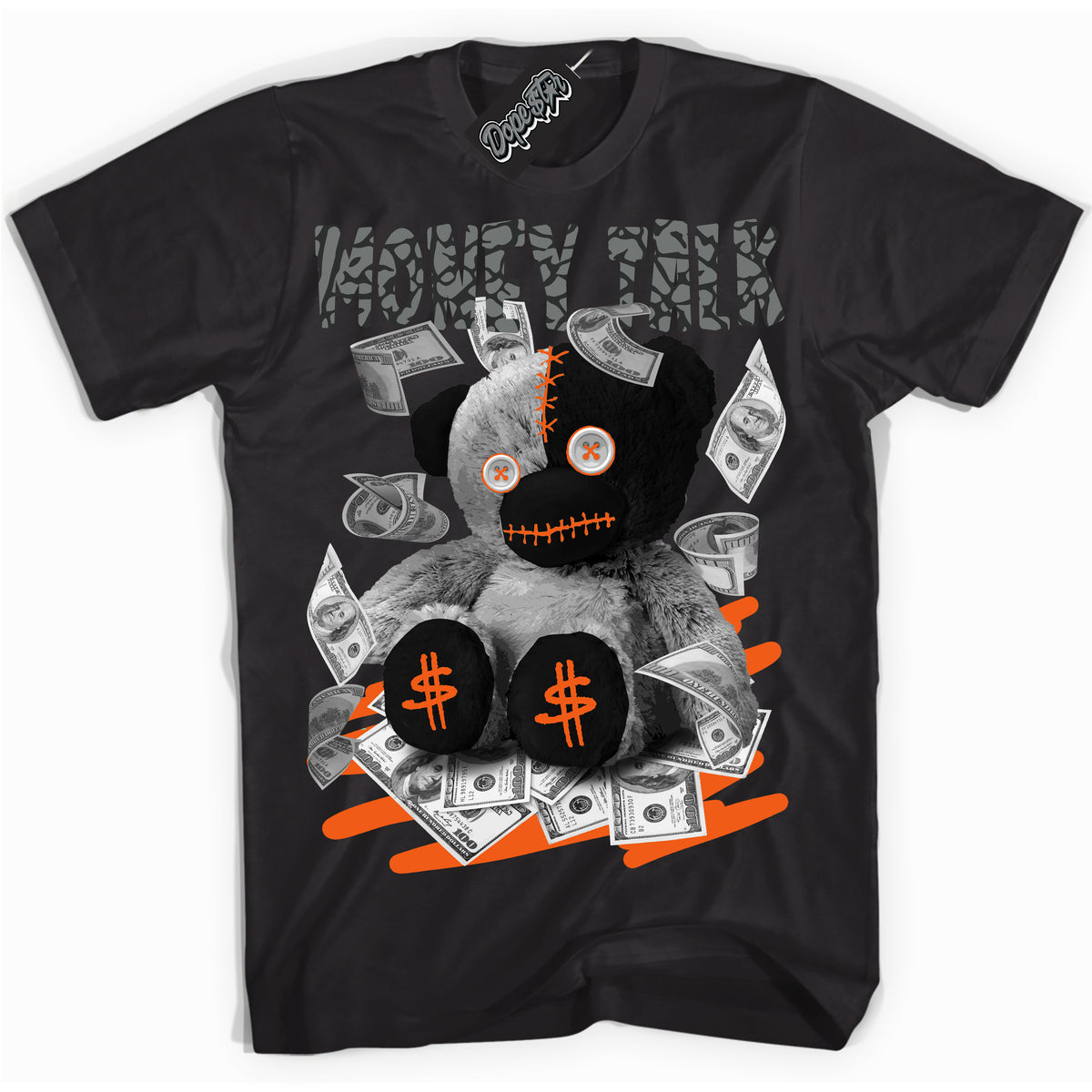 Cool Black graphic tee with “ Glow Money Talk Bear ” design, that perfectly matches Fear Pack 3s sneakers 