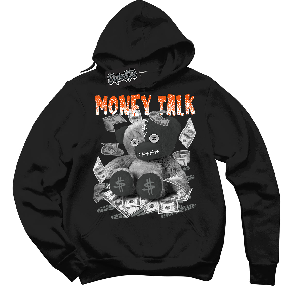 Cool Black Graphic DopeStar Hoodie with “  Money Talk Bear  “ print, that perfectly matches Fear Pack 3s sneakers