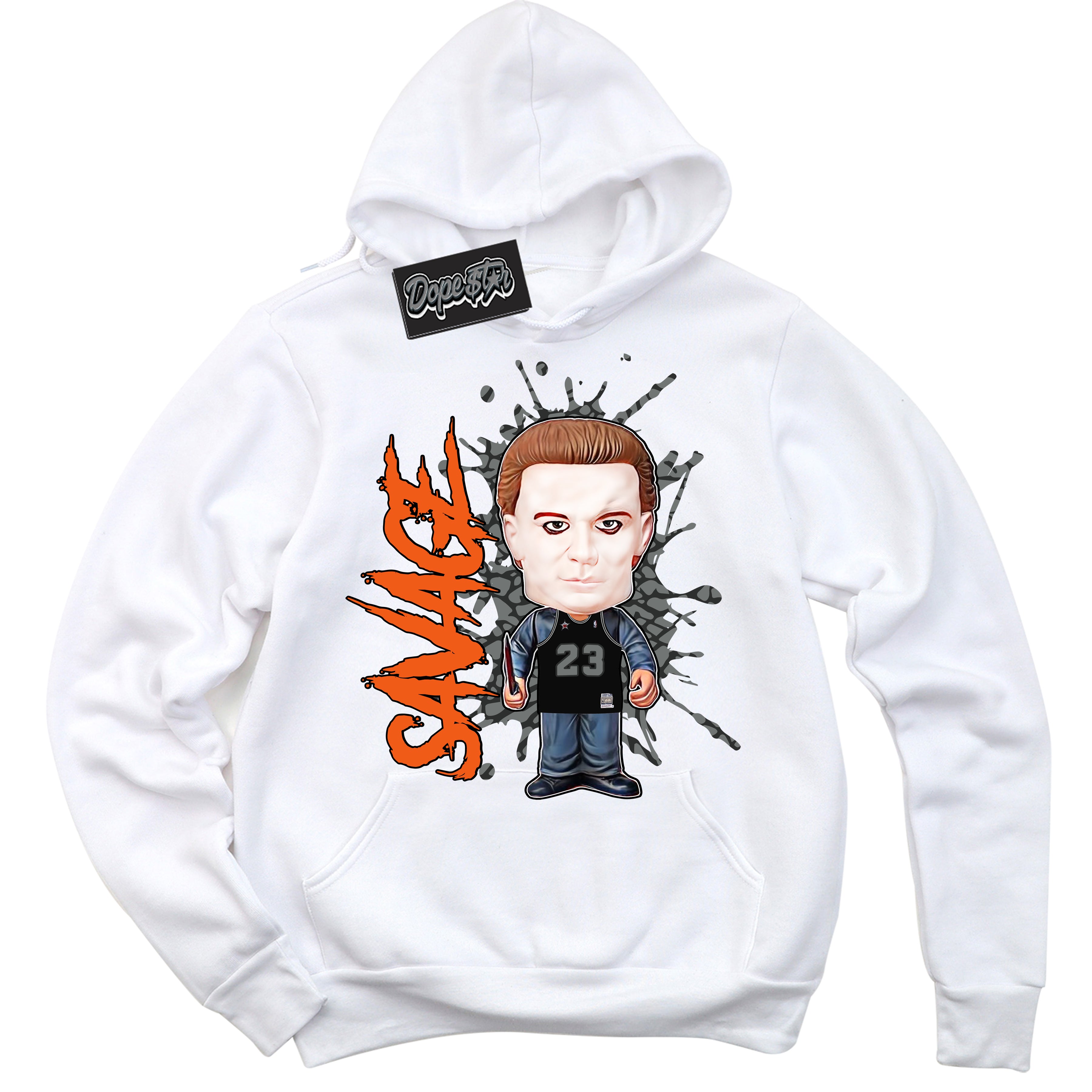 Cool White Graphic DopeStar Hoodie with “  Michael Myers Savage “ print, that perfectly matches Fear Pack 3s sneakers