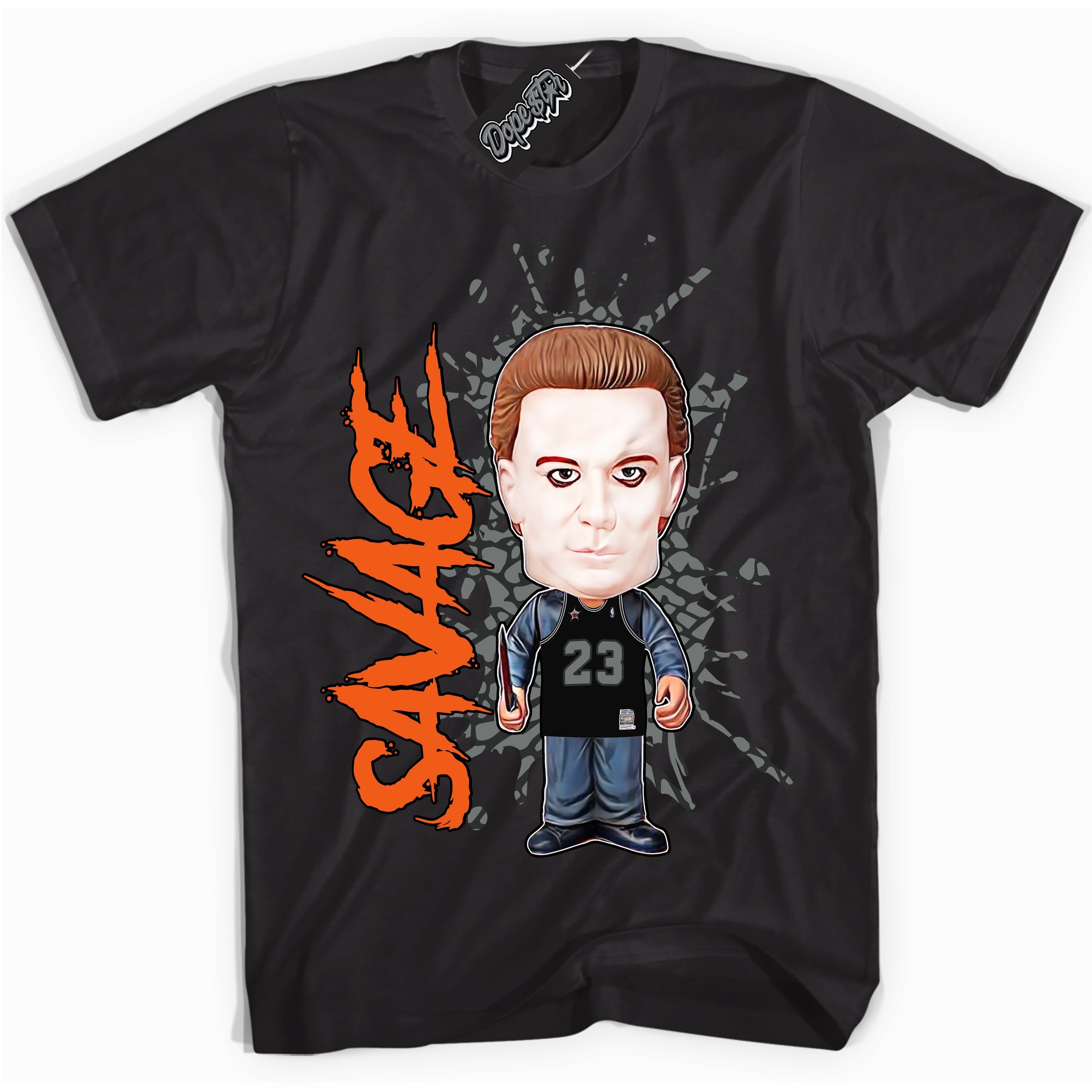 Cool Black graphic tee with “ Michael Myers Savage ” design, that perfectly matches Fear Pack 3s sneakers 