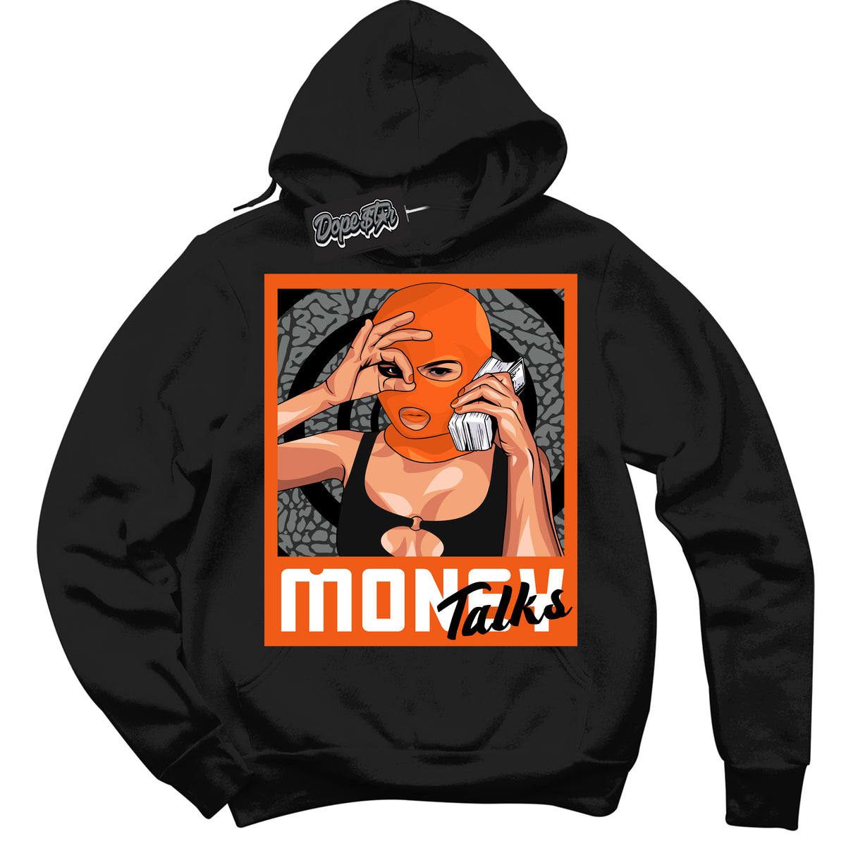 Cool Black Graphic DopeStar Hoodie with “  Money Talks  “ print, that perfectly matches Fear Pack 3s sneakers
