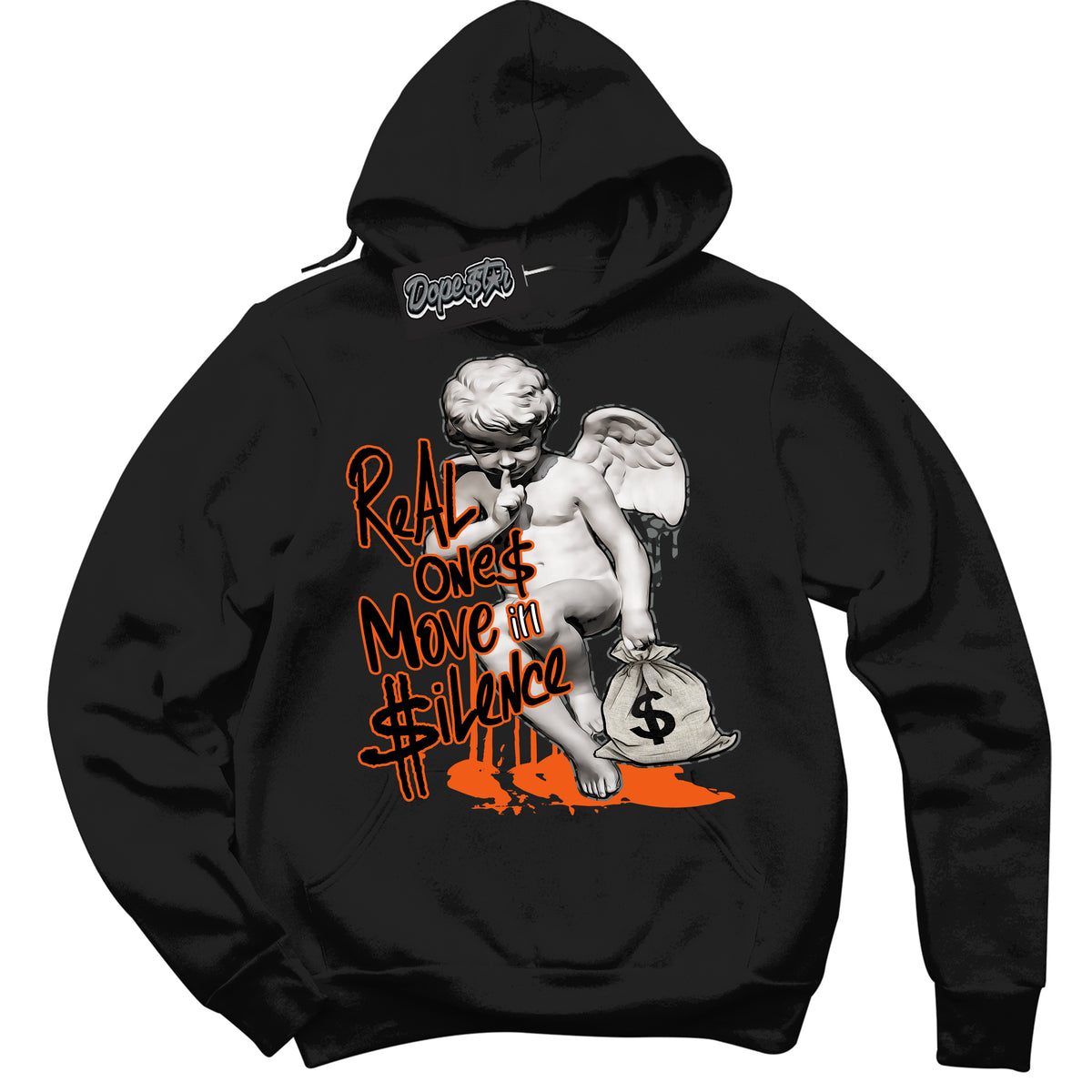 Cool Black Graphic DopeStar Hoodie with “  Real Ones Cherub  “ print, that perfectly matches Fear Pack 3s sneakers