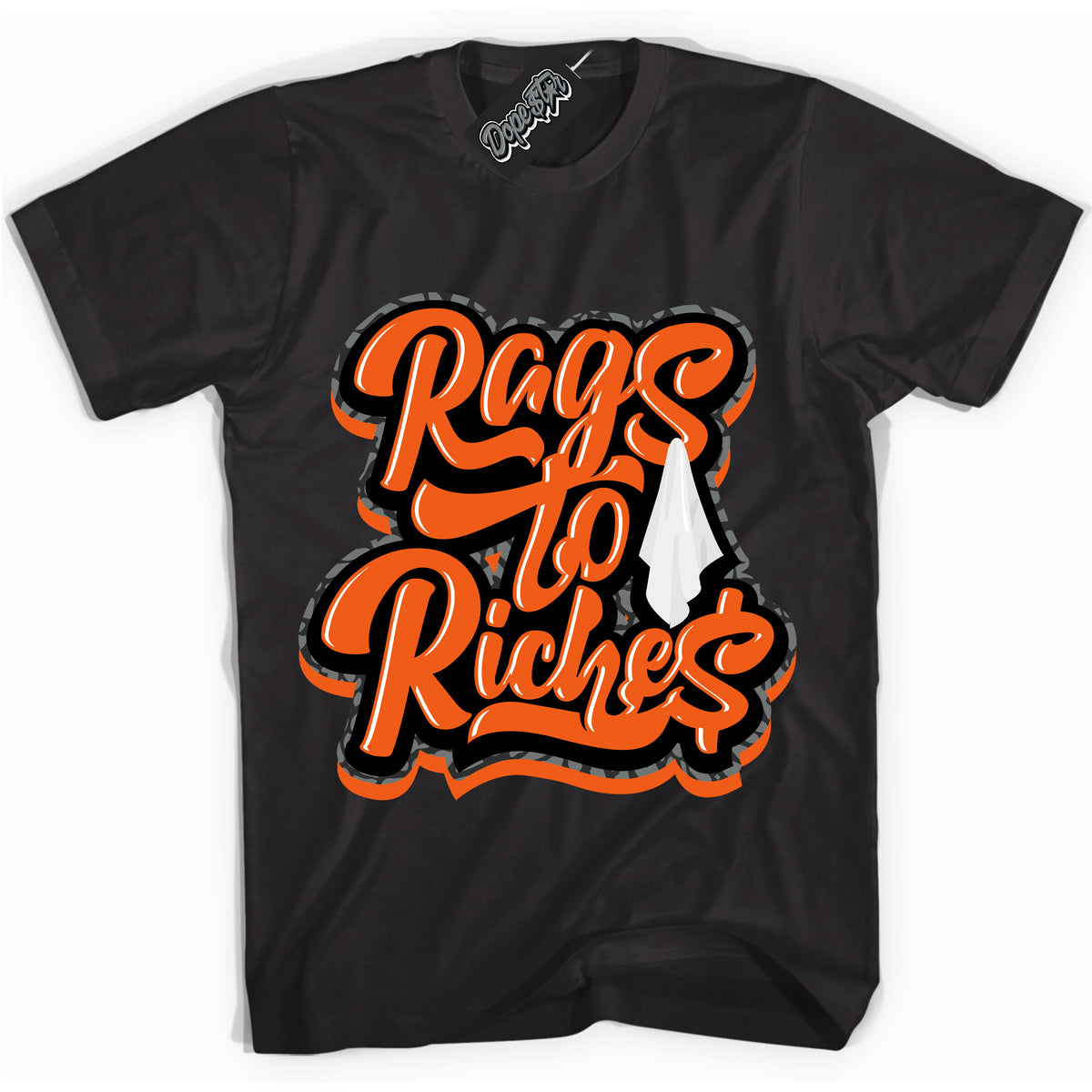 Cool Black graphic tee with “ Rags To Riches ” design, that perfectly matches Fear Pack 3s sneakers 