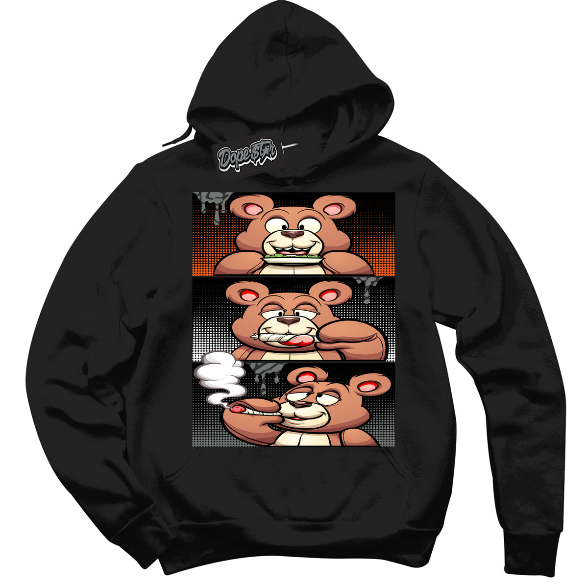 Cool Black Graphic DopeStar Hoodie with “  Roll It Lick It Smoke It Bear  “ print, that perfectly matches Fear Pack 3s sneakers