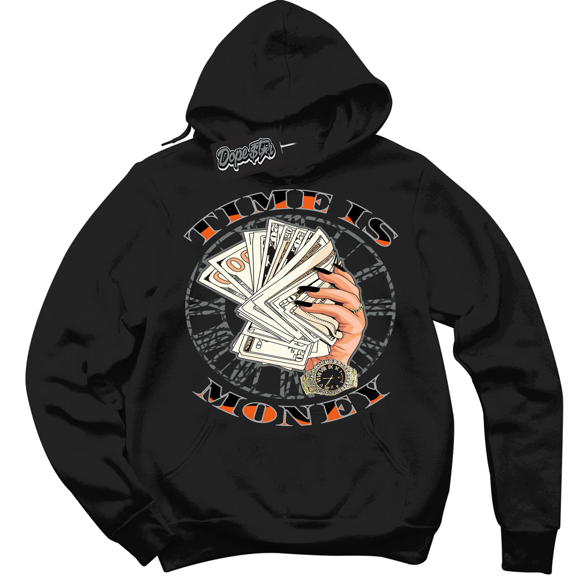 Cool Black Graphic DopeStar Hoodie with “ Time Is Money “ print, that perfectly matches Fear Pack 3s sneakers