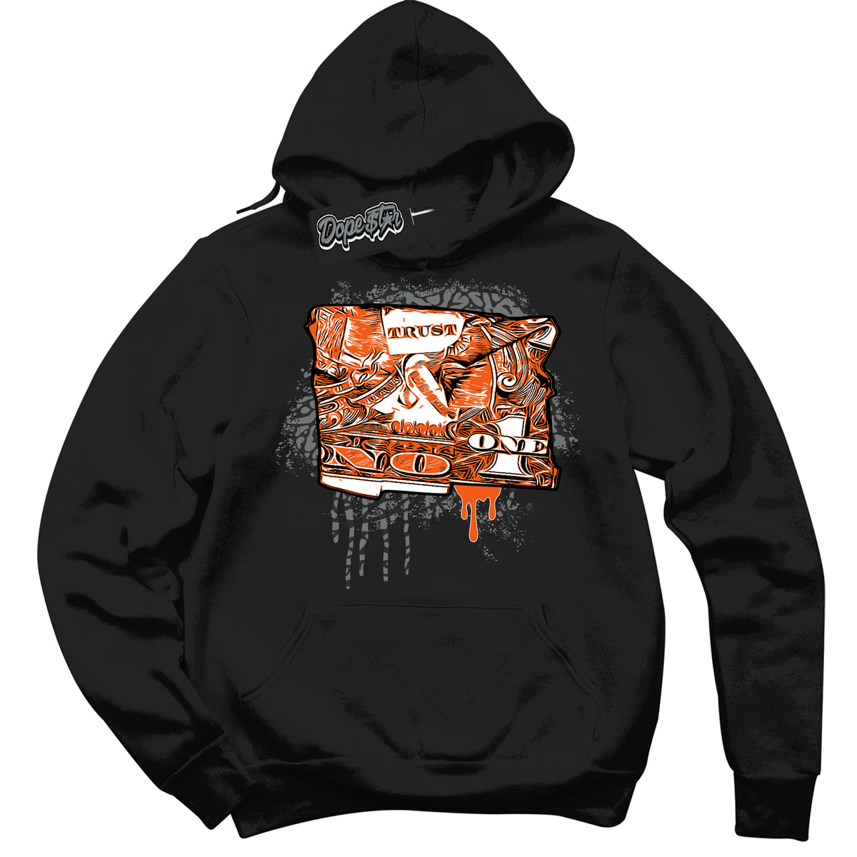 Cool Black Graphic DopeStar Hoodie with “  Trust No One Dollar  “ print, that perfectly matches Fear Pack 3s sneakers