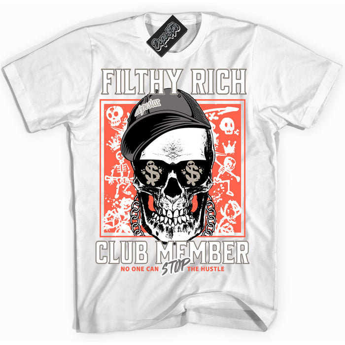 Cool White Shirt with “ Filthy Rich” design that perfectly matches Georgia Peach 3s Sneakers.