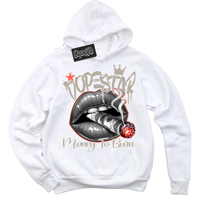Cool White Hoodie with “ Money To Burn ”  design that Perfectly Matches Georgia Peach 3s Sneakers.