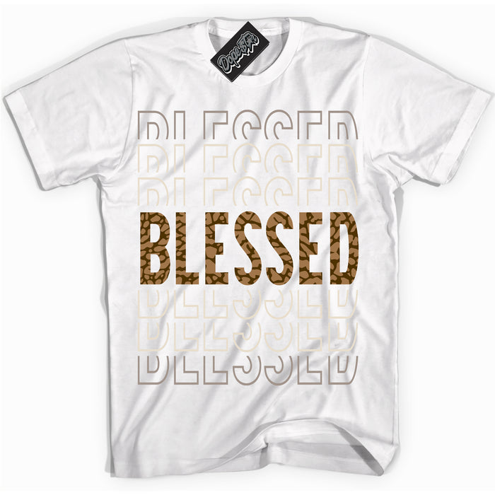 Cool White graphic tee with “ Blessed Stacked ” design, that perfectly matches Palomino 3s sneakers 