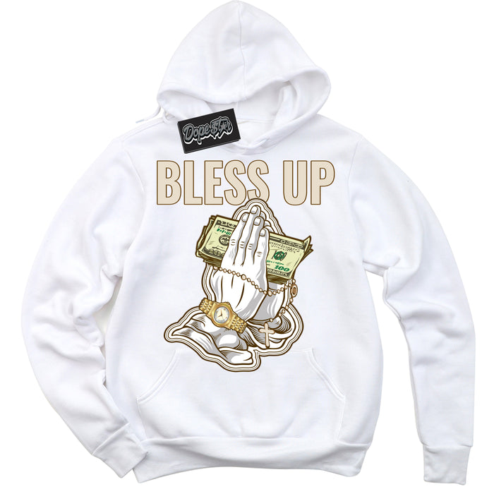 Cool White Graphic DopeStar Hoodie with “ Bless Up “ print, that perfectly matches Palomino 3s sneakers