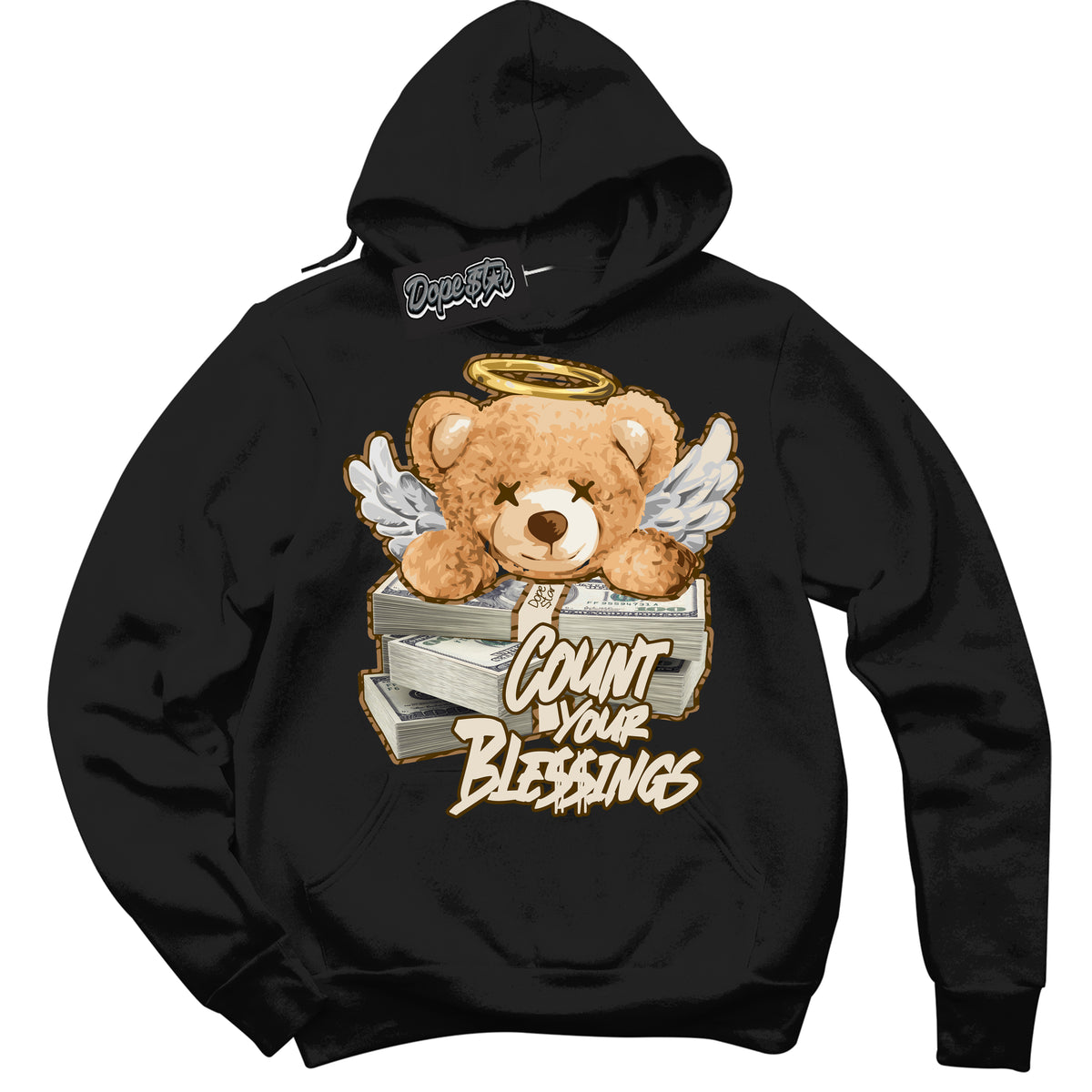 Cool Black Graphic DopeStar Hoodie with “ Count Your Blessings “ print, that perfectly matches Palomino 3s sneakers