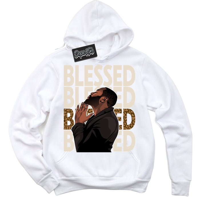 Cool White Graphic DopeStar Hoodie with “ God Blessed “ print, that perfectly matches Palomino 3s sneakers