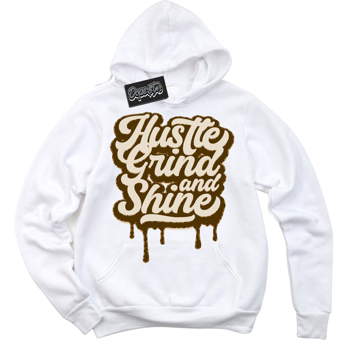 Cool White Graphic DopeStar Hoodie with “ Hustle Grind And Shine “ print, that perfectly matches Palomino 3s sneakers