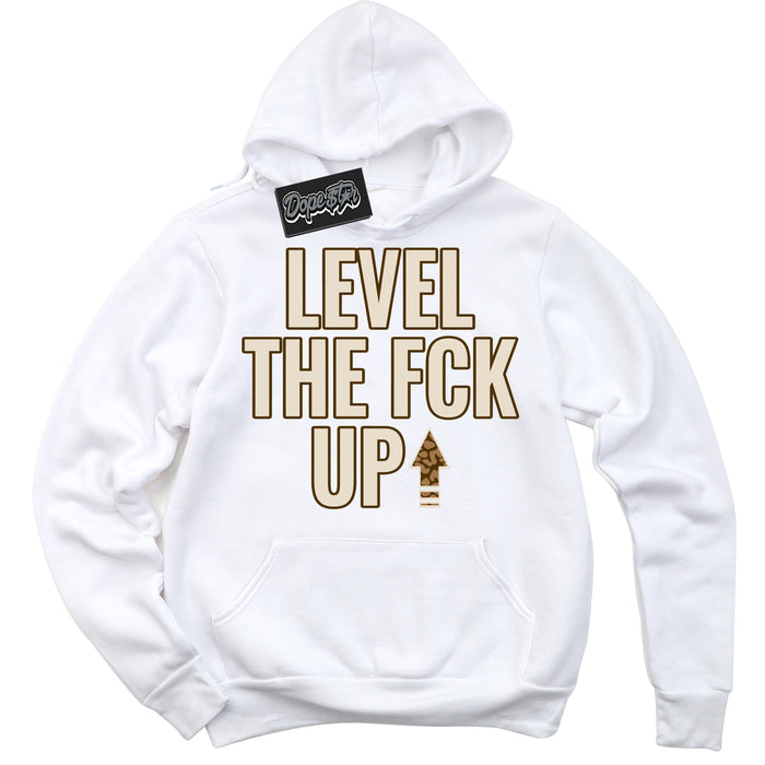 Cool White Graphic DopeStar Hoodie with “ Level The Fck Up “ print, that perfectly matches Palomino 3s sneakers