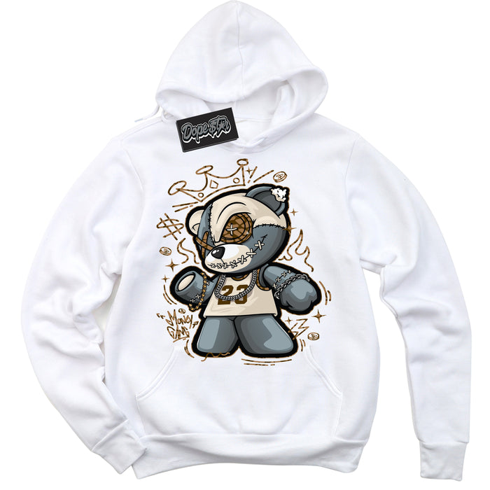 Cool White Graphic DopeStar Hoodie with “ Money Gang Bear “ print, that perfectly matches Palomino 3s sneakers