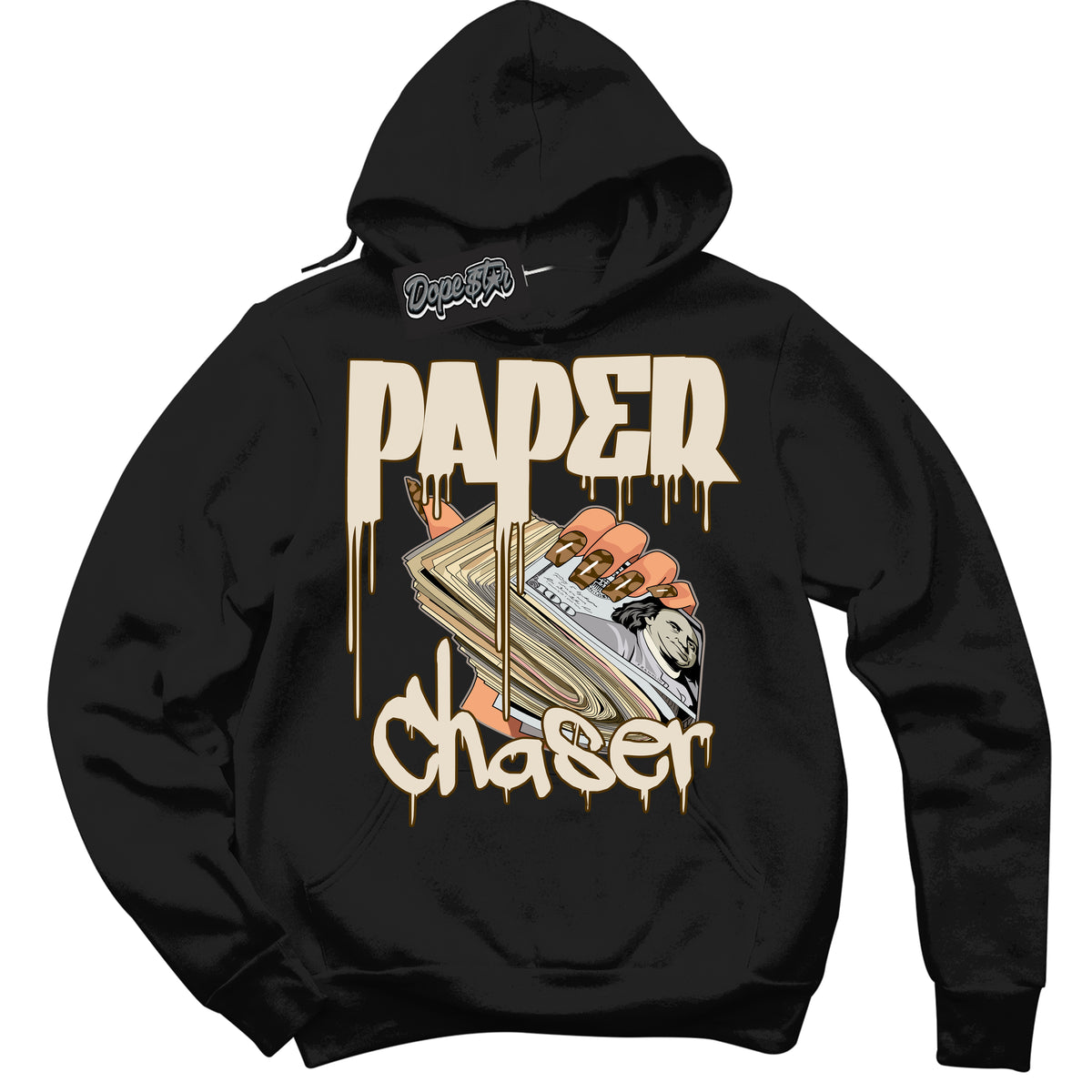 Cool Black Graphic DopeStar Hoodie with “ Paper Chaser “ print, that perfectly matches Palomino 3s sneakers