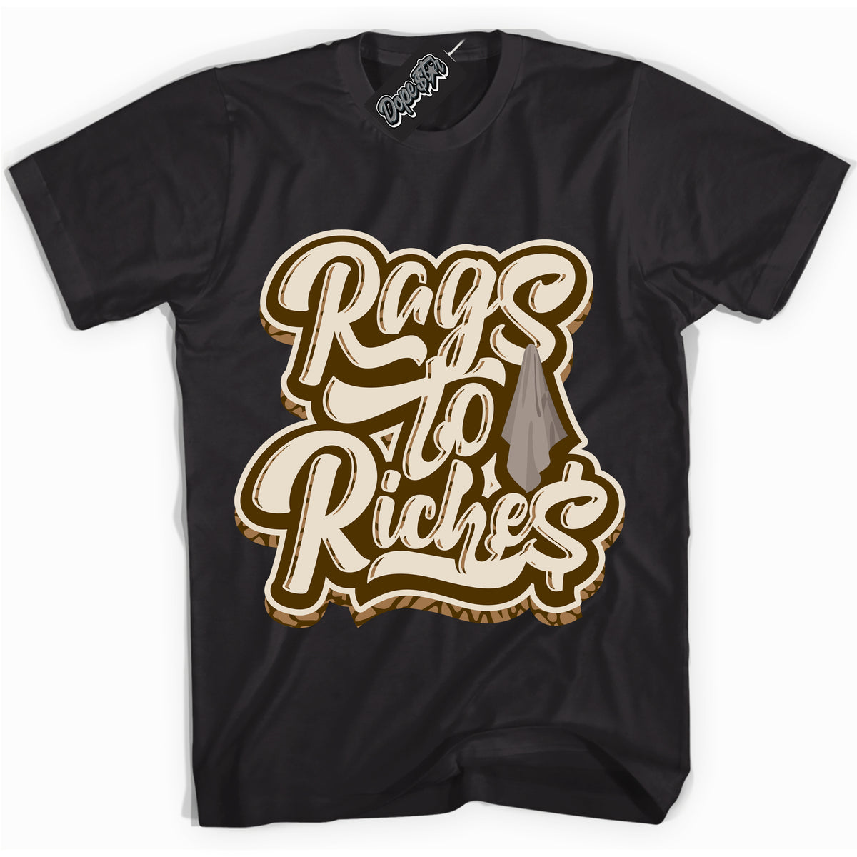 Cool Black graphic tee with “ Rags To Riches ” design, that perfectly matches Palomino 3s sneakers 