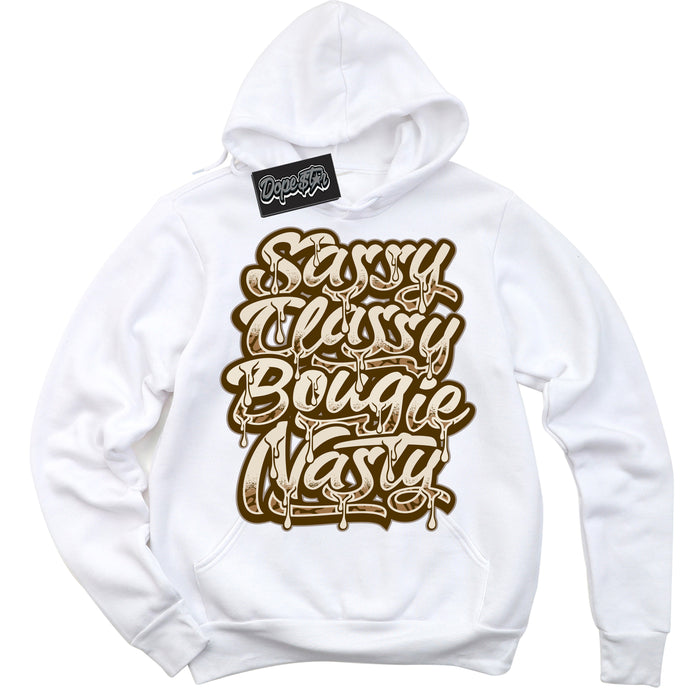 Cool White Graphic DopeStar Hoodie with “ Sassy Classy “ print, that perfectly matches Palomino 3s sneakers