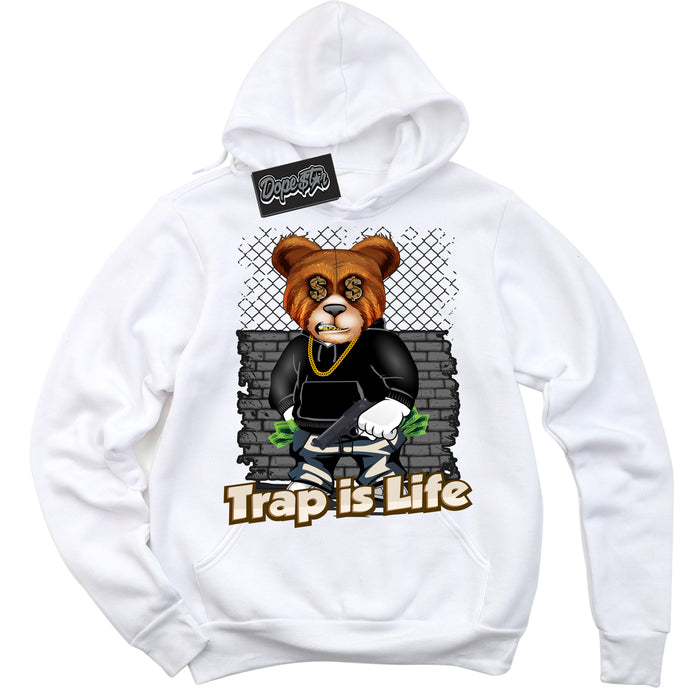 Cool White Graphic DopeStar Hoodie with “ Trap Is Life “ print, that perfectly matches Palomino 3s sneakers
