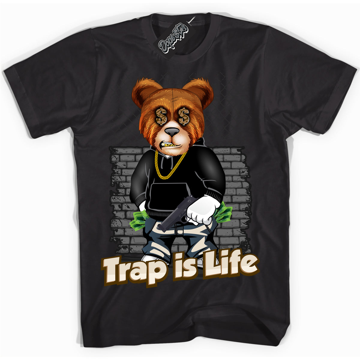 Cool Black graphic tee with “ Trap Is Life ” design, that perfectly matches Palomino 3s sneakers 