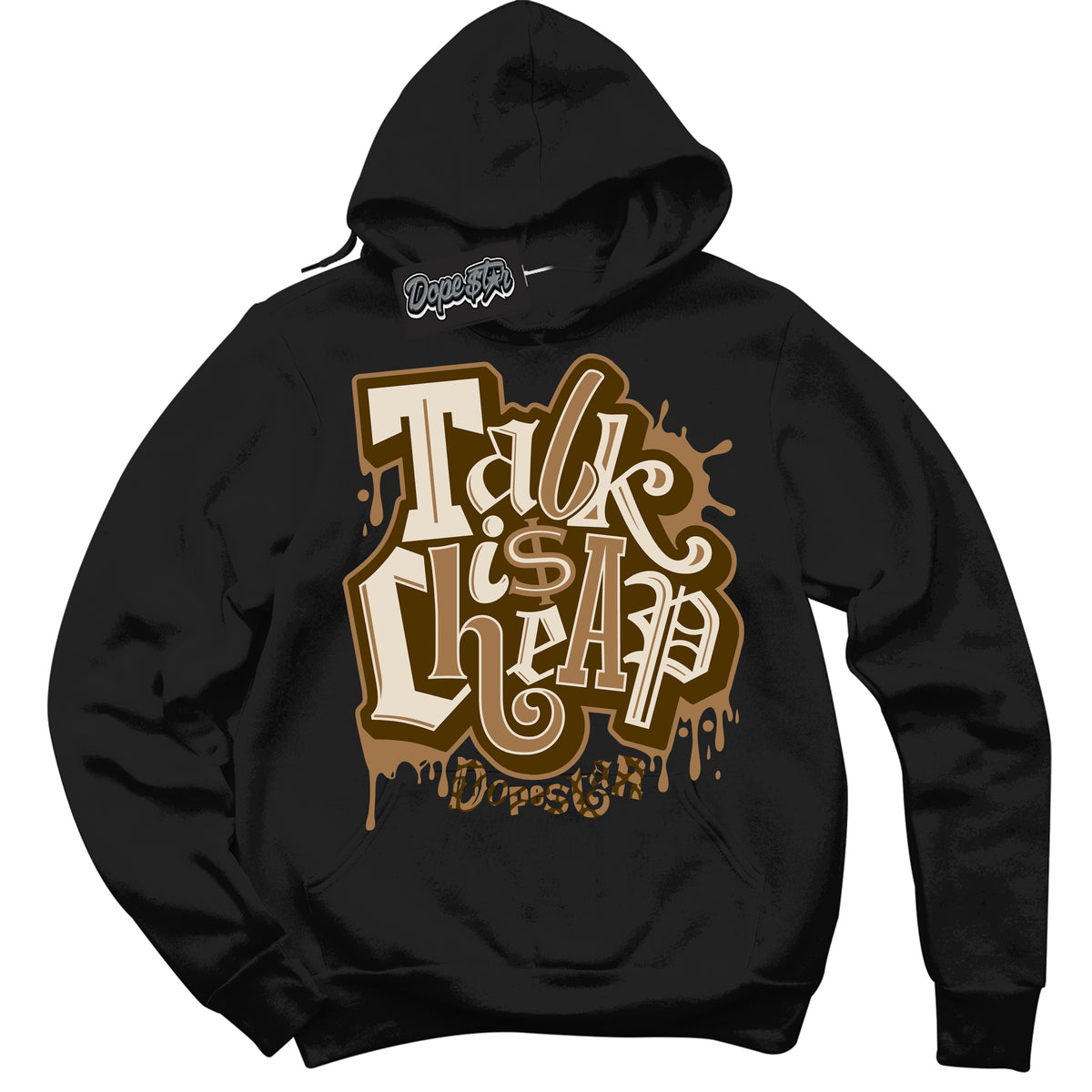 Cool Black Graphic DopeStar Hoodie with “ Talk Is Cheap “ print, that perfectly matches Palomino 3s sneakers