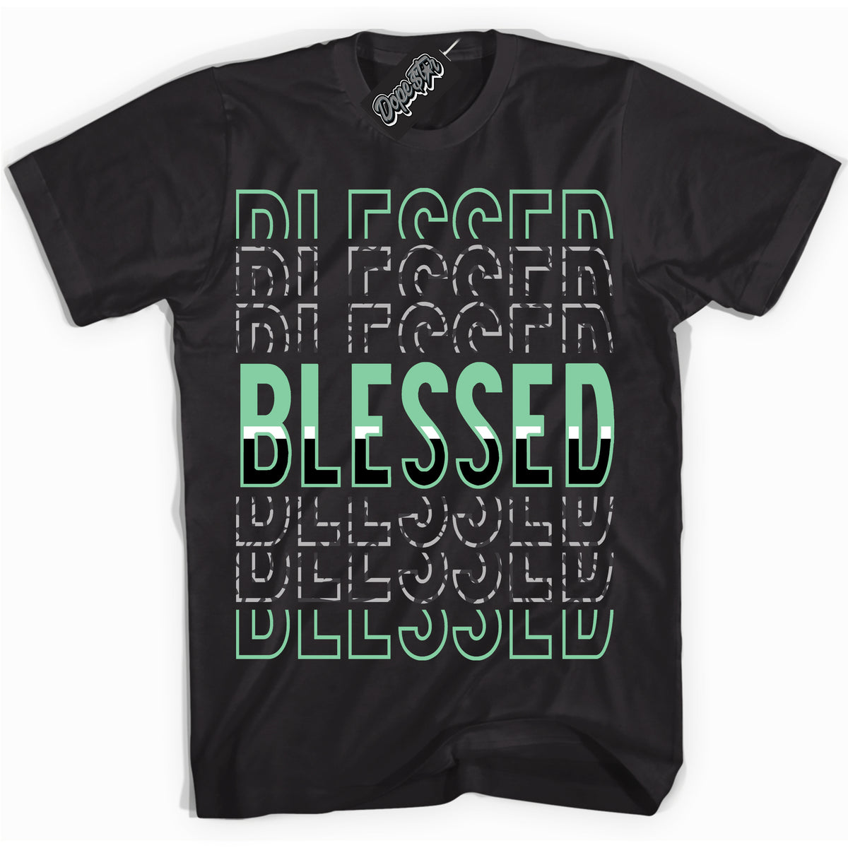 Cool Black graphic tee with “ Blessed Stacked ” design, that perfectly matches Green Glow 3s sneakers 