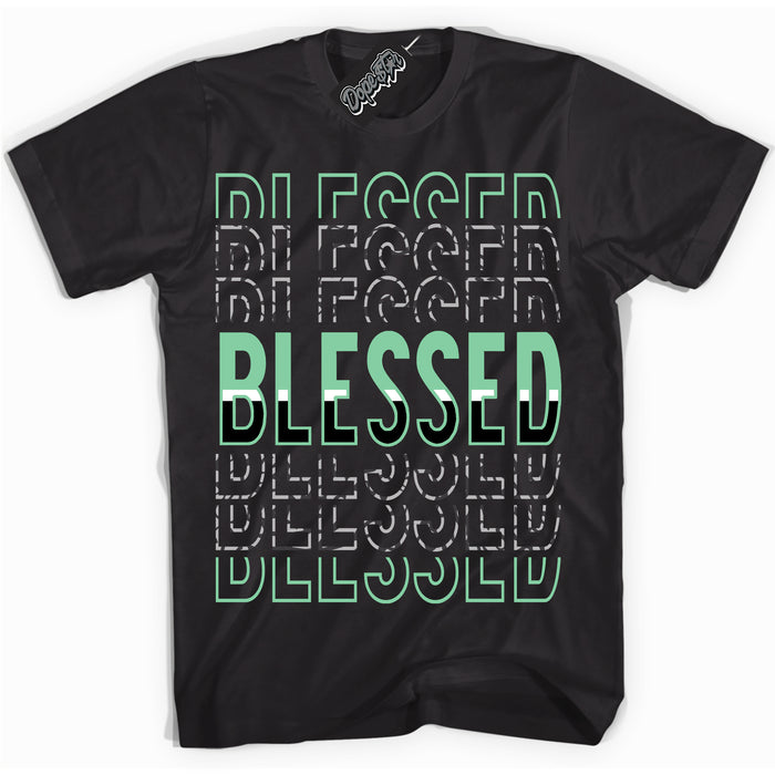 Cool Black graphic tee with “ Blessed Stacked ” design, that perfectly matches Green Glow 3s sneakers 