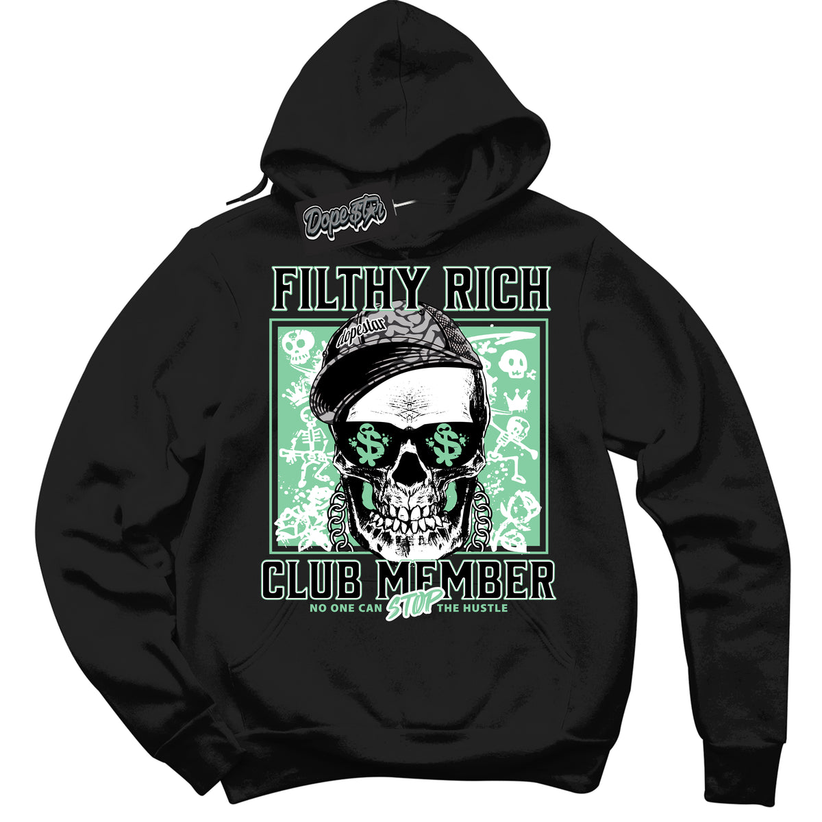 Cool Black Hoodie with “ Filthy Rich ”  design that Perfectly Matches Green Glow 3s Sneakers.