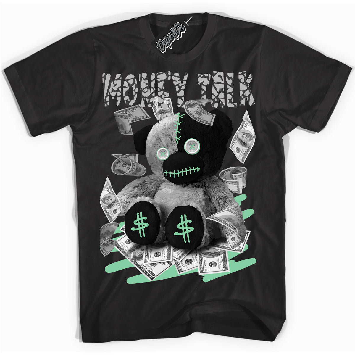 Cool Black graphic tee with “ Money Talk Bear ” design, that perfectly matches Green Glow 3s sneakers 