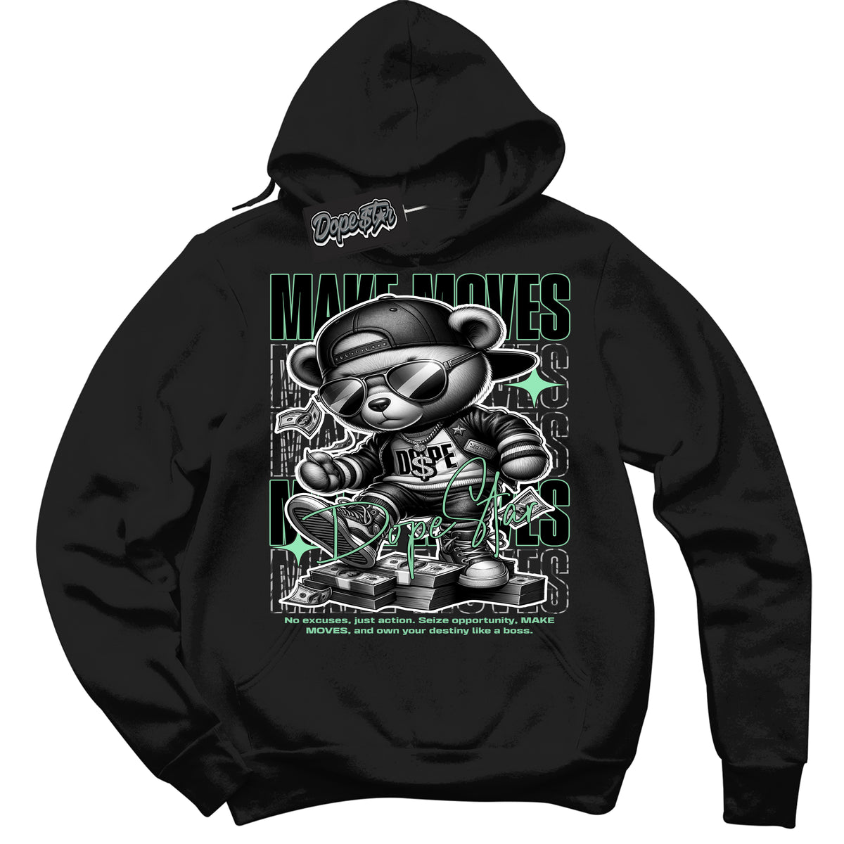 Cool Black Hoodie with “ Makin Moves ”  design that Perfectly Matches Green Glow 3s Sneakers.