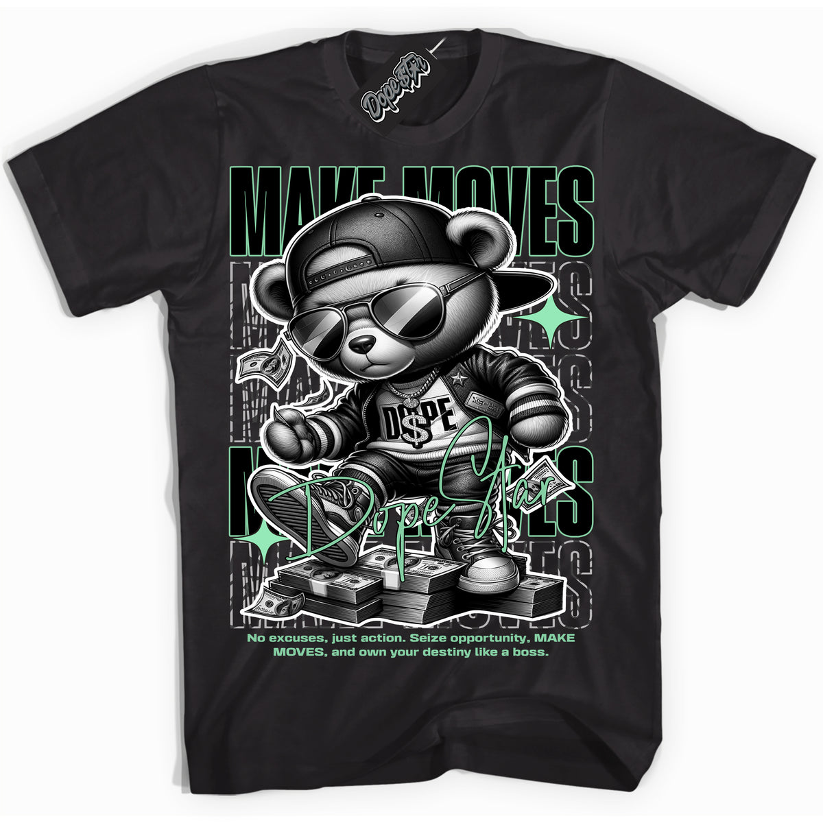 Cool Black Shirt with “ Makin Moves” design that perfectly matches Green Glow 3s Sneakers.
