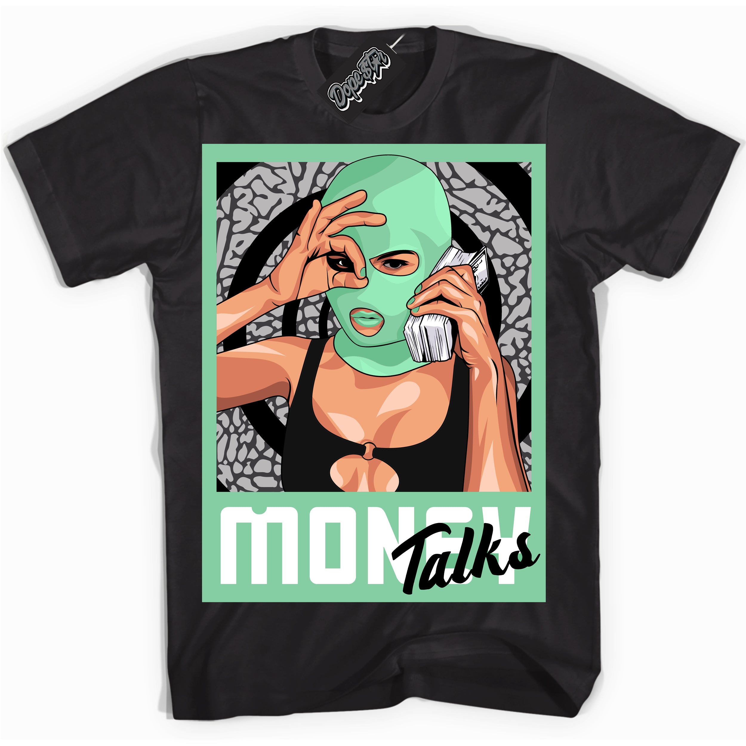 Cool Black graphic tee with “ Money Talks ” design, that perfectly matches Green Glow 3s sneakers 
