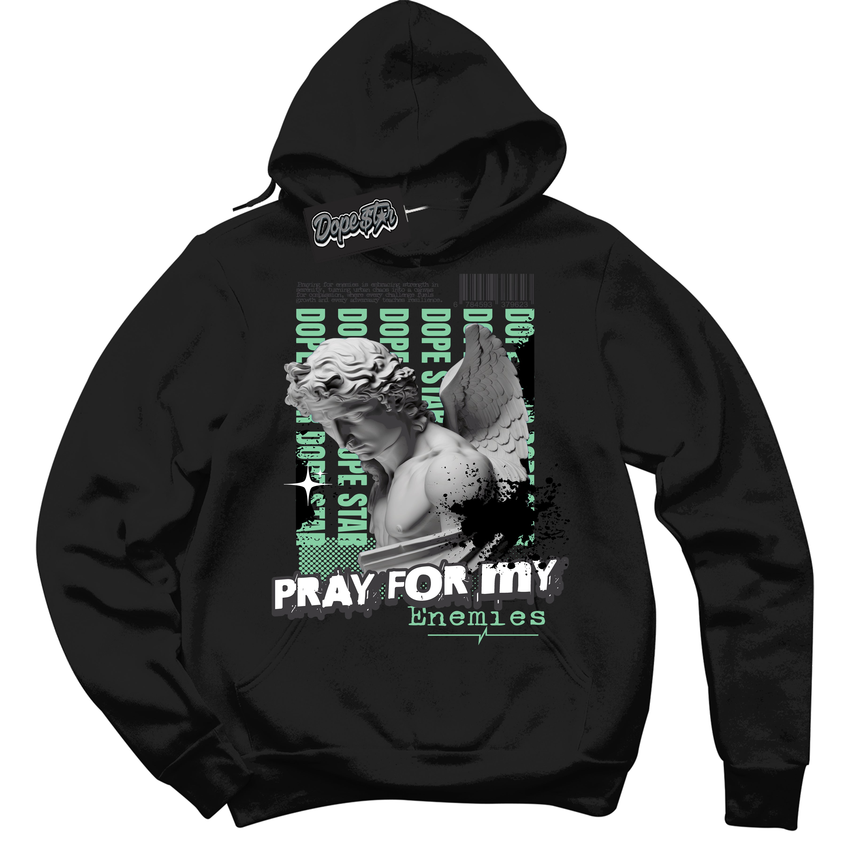 Cool Black Hoodie with “ Pray Enemies ”  design that Perfectly Matches Green Glow 3s Sneakers.
