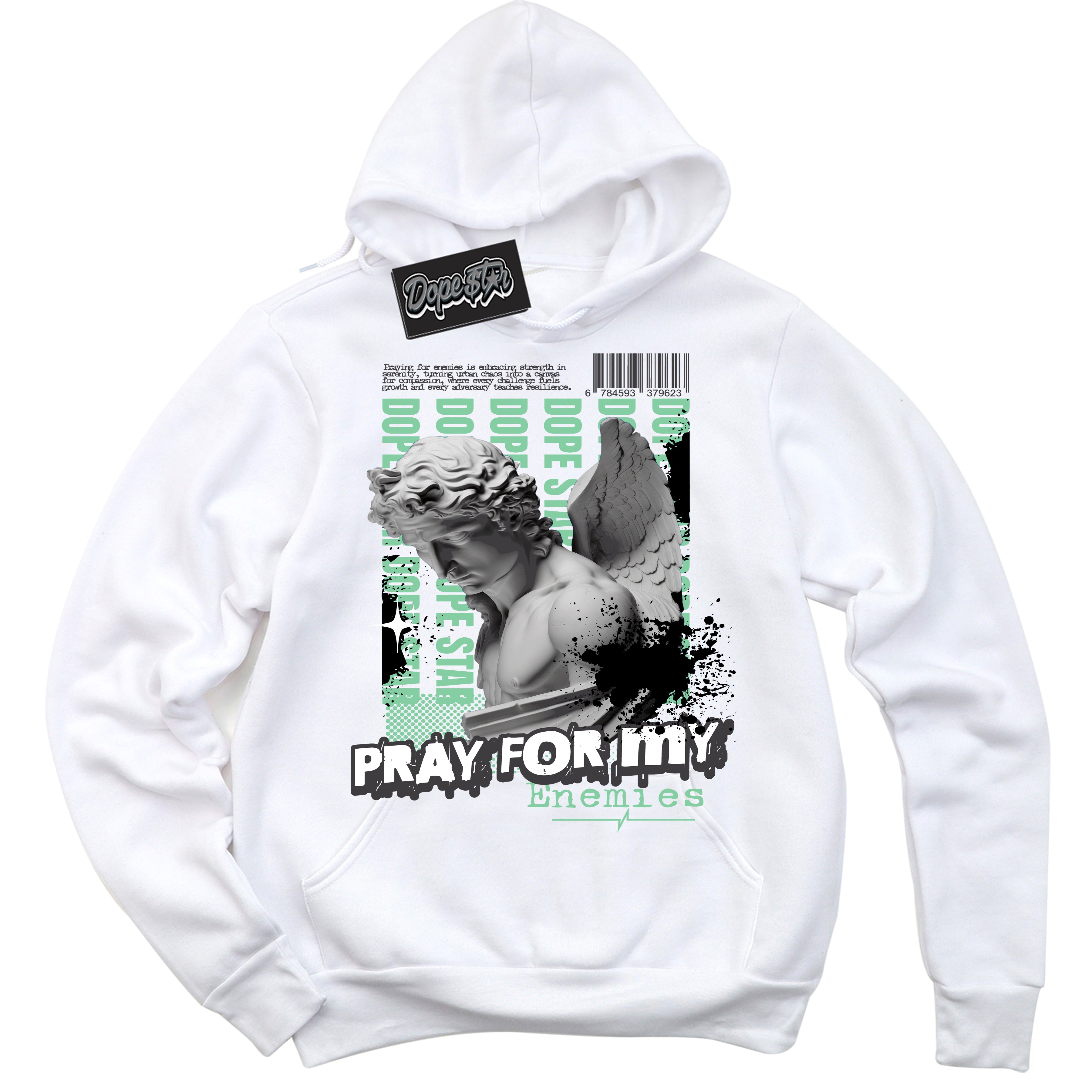 Cool White Hoodie with “ Pray Enemies ”  design that Perfectly Matches Green Glow 3s Sneakers.