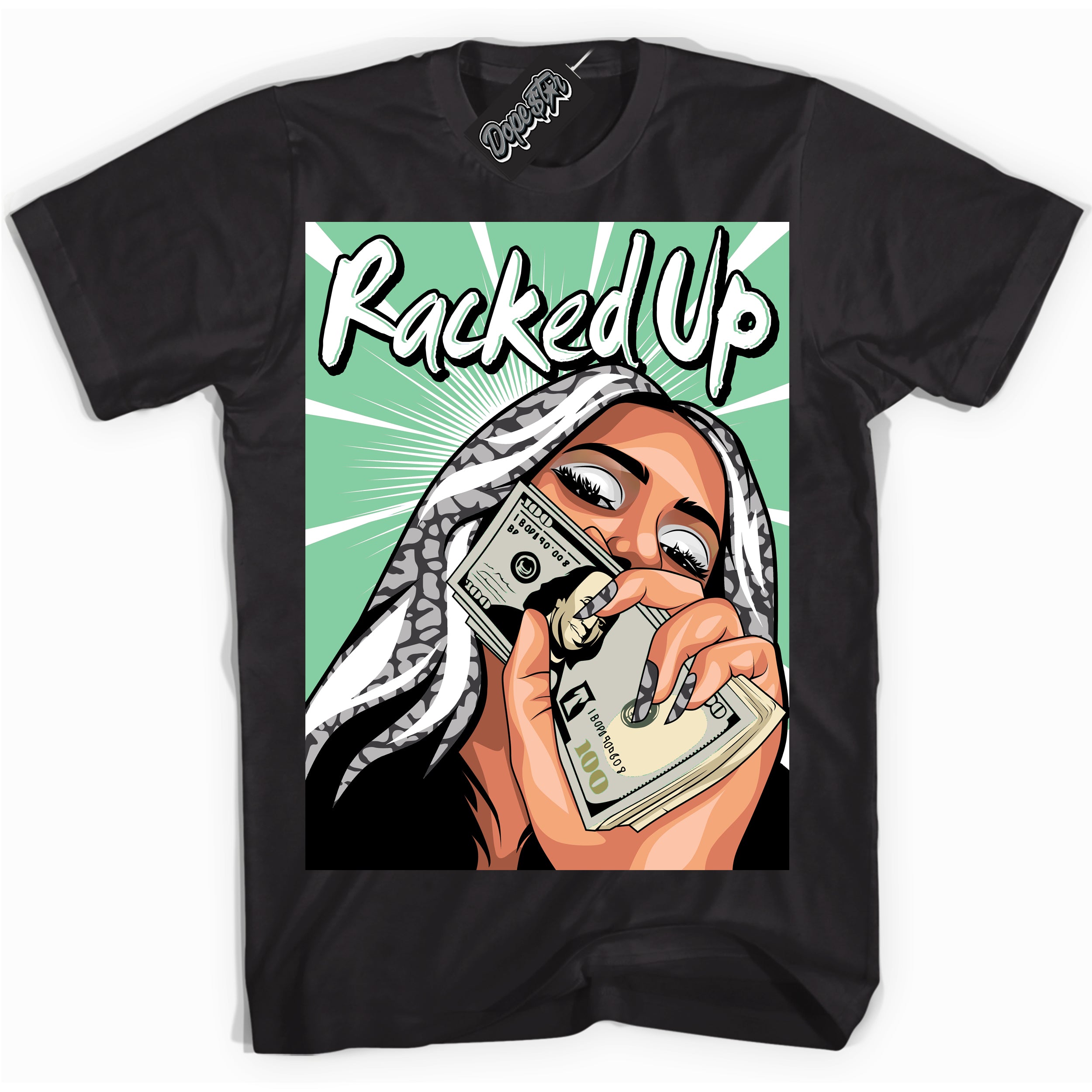 Cool Black graphic tee with “ Racked Up ” design, that perfectly matches Green Glow 3s sneakers 