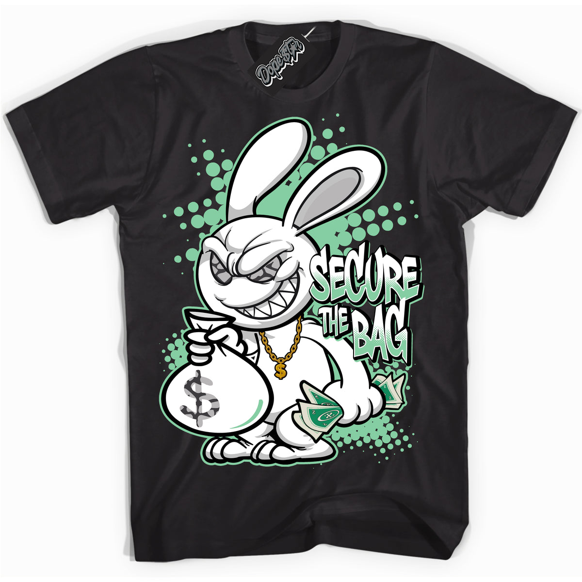 Cool Black graphic tee with “ Secure The Bag ” design, that perfectly matches Green Glow 3s sneakers 