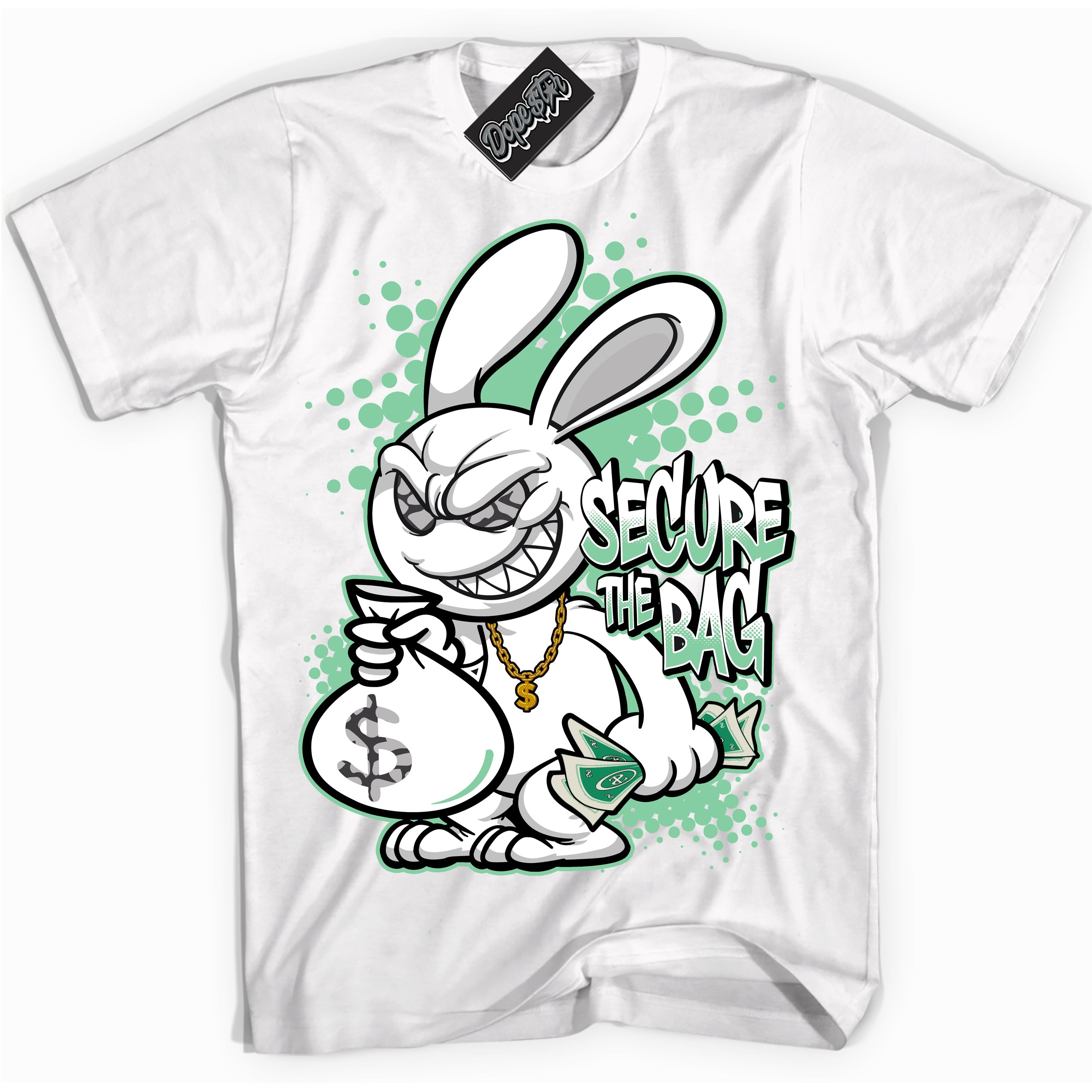 Cool White graphic tee with “ Secure The Bag ” design, that perfectly matches Green Glow 3s sneakers 