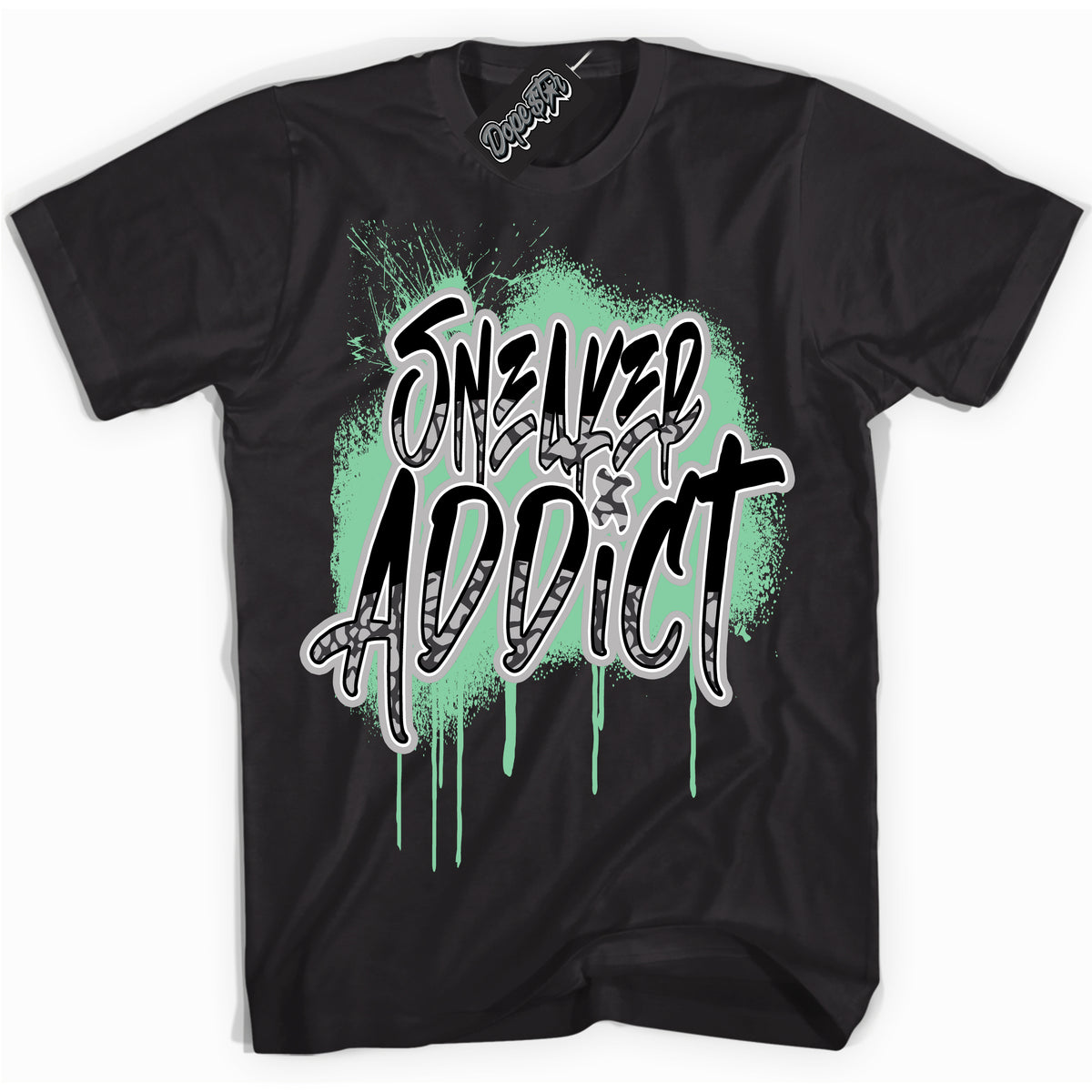 Cool Black graphic tee with “ Sneaker Addict” design, that perfectly matches Green Glow 3s sneakers 