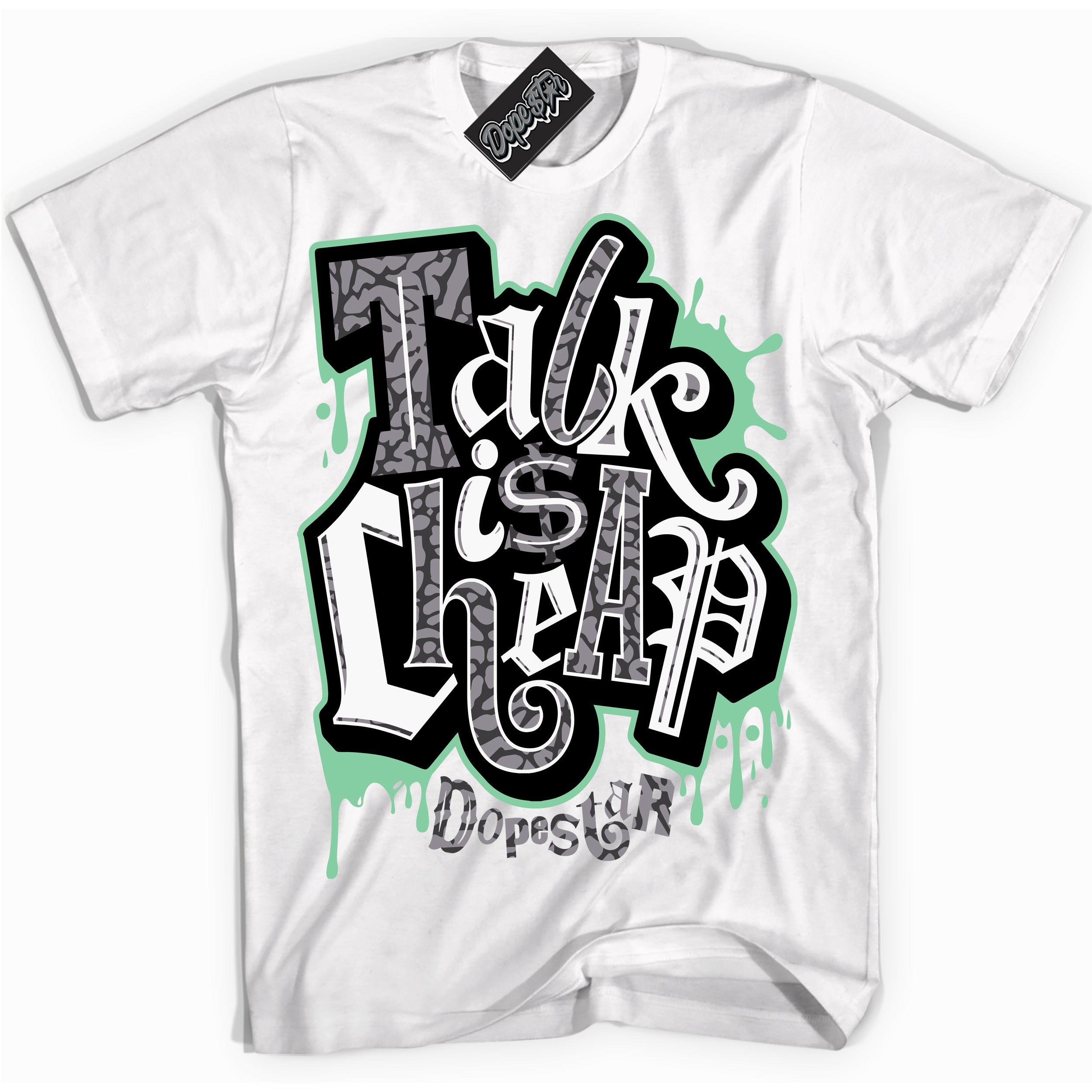 Cool White graphic tee with “ Talk Is Cheap ” design, that perfectly matches Green Glow 3s sneakers 