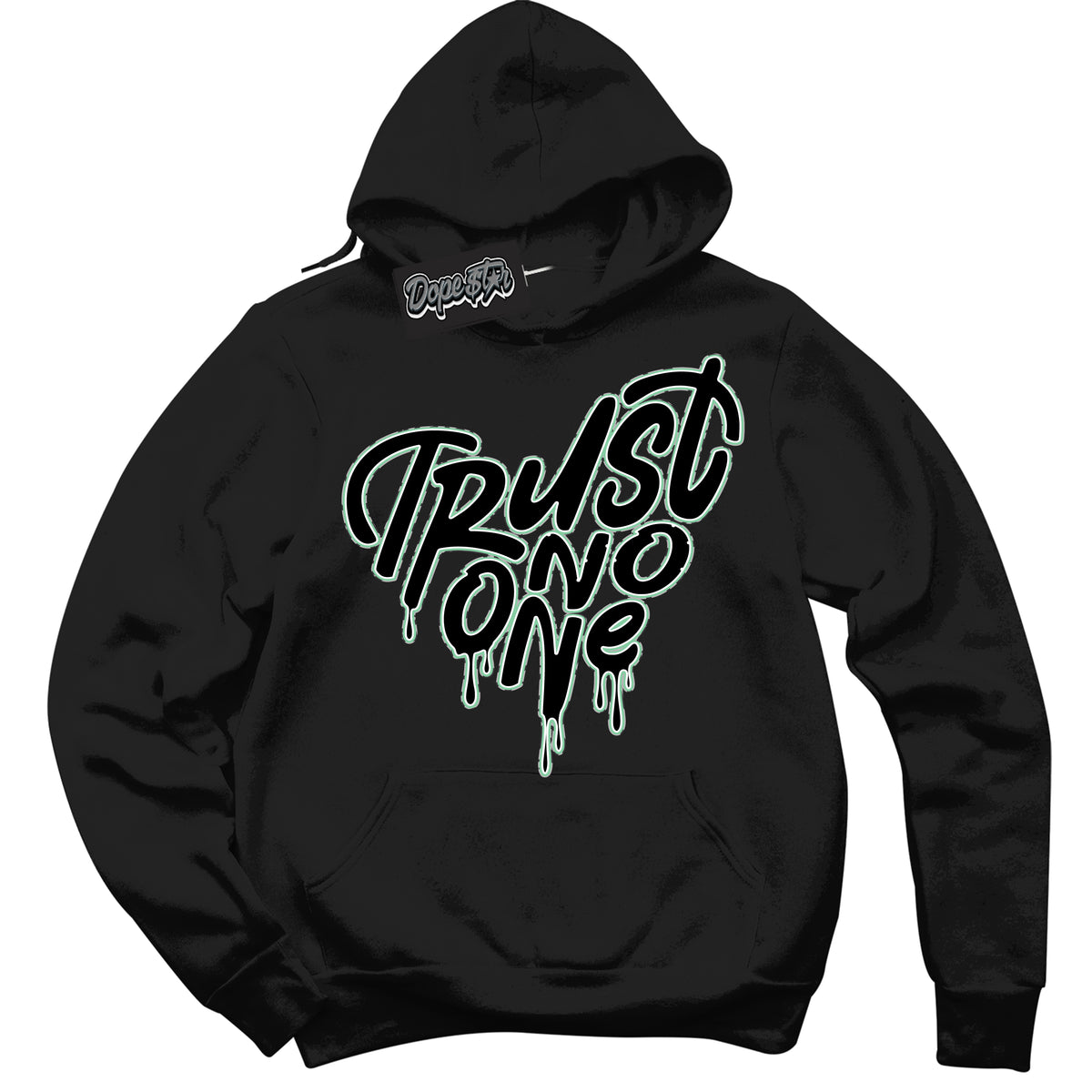 Cool Black Graphic DopeStar Hoodie with “ Trust No One Heart “ print, that perfectly matches Green Glow 3S sneakers