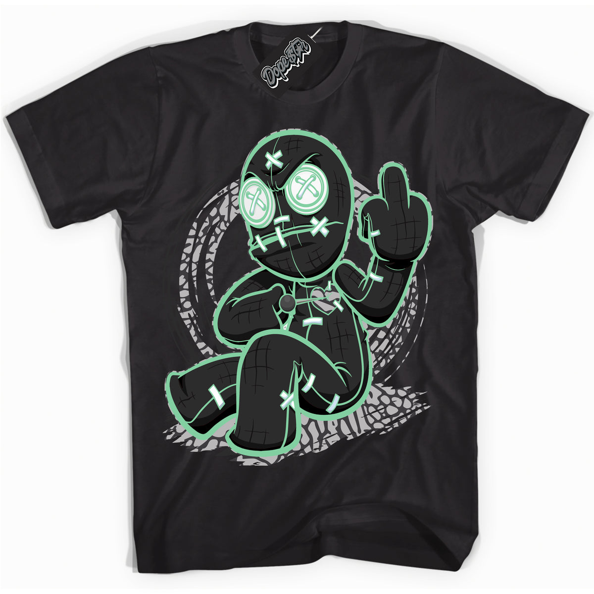 Cool Black graphic tee with “ VooDoo Doll ” design, that perfectly matches Green Glow 3s sneakers 