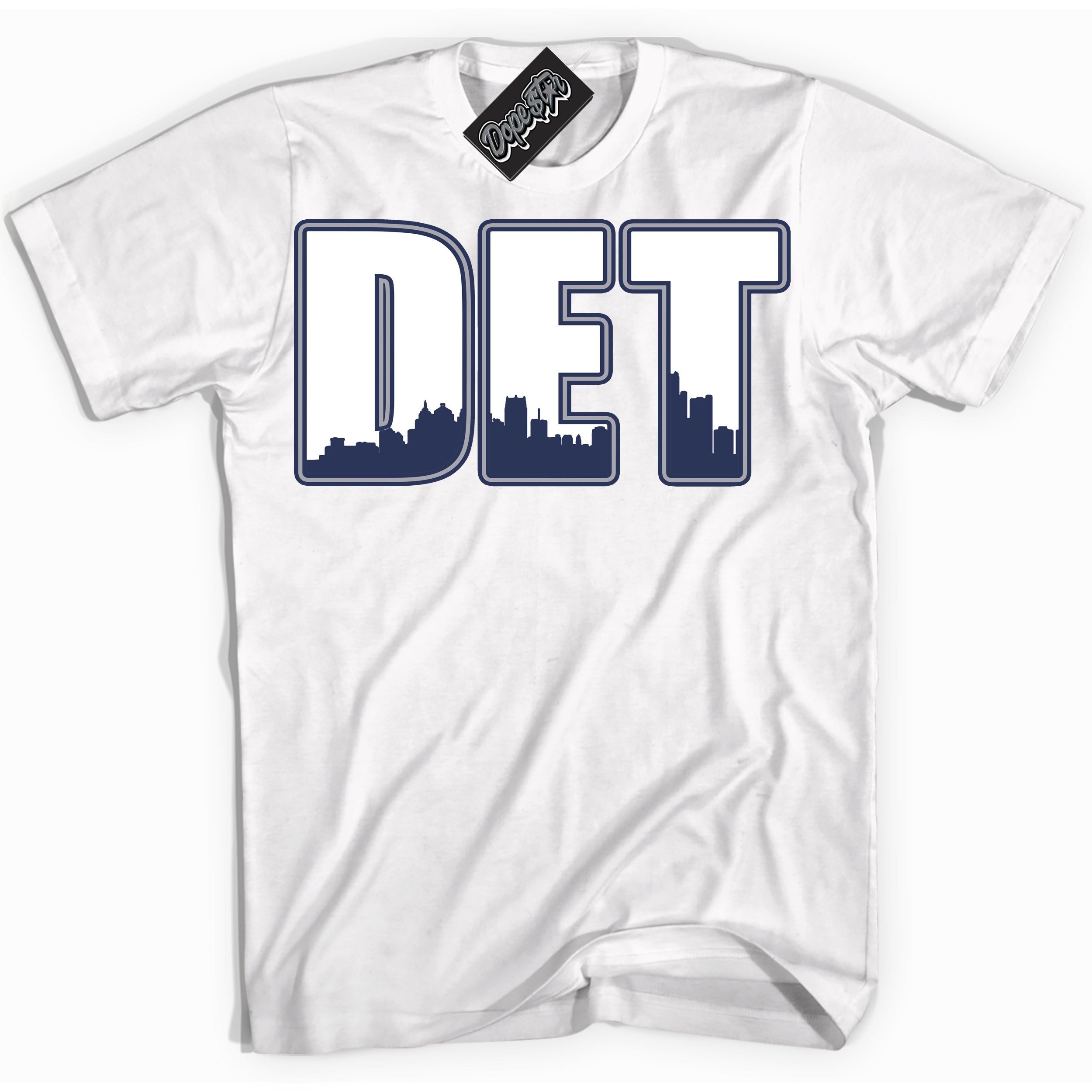 AJ3 Retro Midnight Navy 'Detroit' Shirt - White Streetwear Mockup | Sneakerhead T-shirt Matching Midnight Navy AJ3 Retro | Jordan 3 Retro Midnight Navy Shirt for Men & Women | Matching outfits with your Midnight Navy 3s Kicks | Sneakerhead Fashion Must-Have.