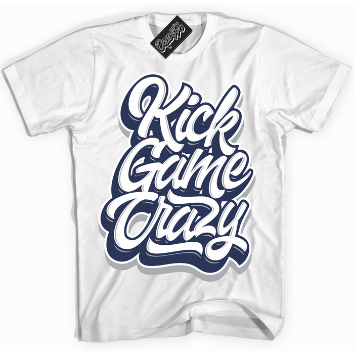 AJ3 Retro Midnight Navy 'Kick Game Crazy' Shirt - White Streetwear Mockup | Sneakerhead T-shirt Matching Midnight Navy AJ3 Retro | Jordan 3 Retro Midnight Navy Shirt for Men & Women | Matching outfits with your Midnight Navy 3s Kicks | Sneakerhead Fashion Must-Have.