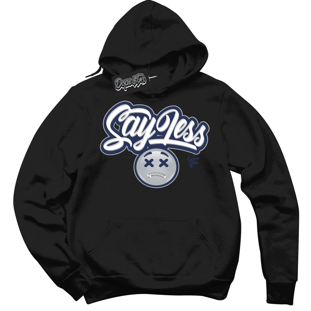 AJ3 Retro Midnight Navy 'Say Less' Hoodie- Black Streetwear Mockup | Sneakerhead Hoodie Matching Midnight Navy AJ3 Retro | Jordan 3 Retro Midnight Navy hoodie for Men & Women | Matching outfits with your Midnight Navy 3s Kicks | Sneakerhead Fashion Must-Have.